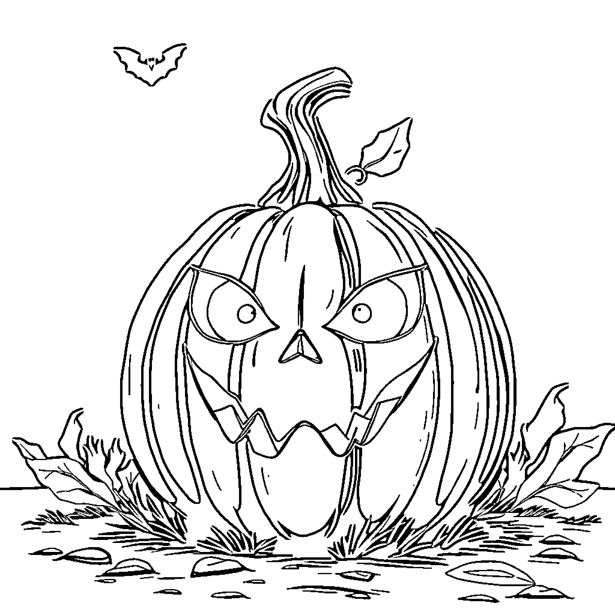 Pumpkin with a spooky expression in nature Coloring Page (free black-and-white line drawing printable PDF for all, from beginners to advanced learners, including children, teens, adults, and seniors)