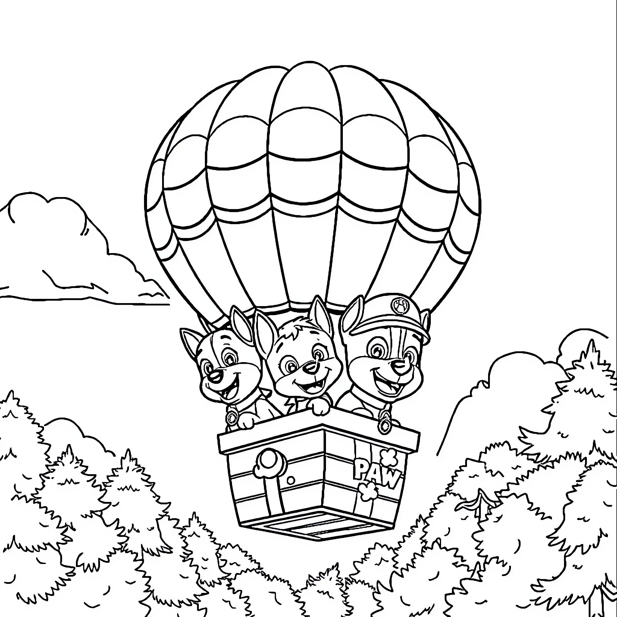 Paw Patrol team riding in a hot air balloon Coloring Page (free black-and-white line drawing printable PDF for all, from beginners to advanced learners, including children, teens, adults, and seniors)