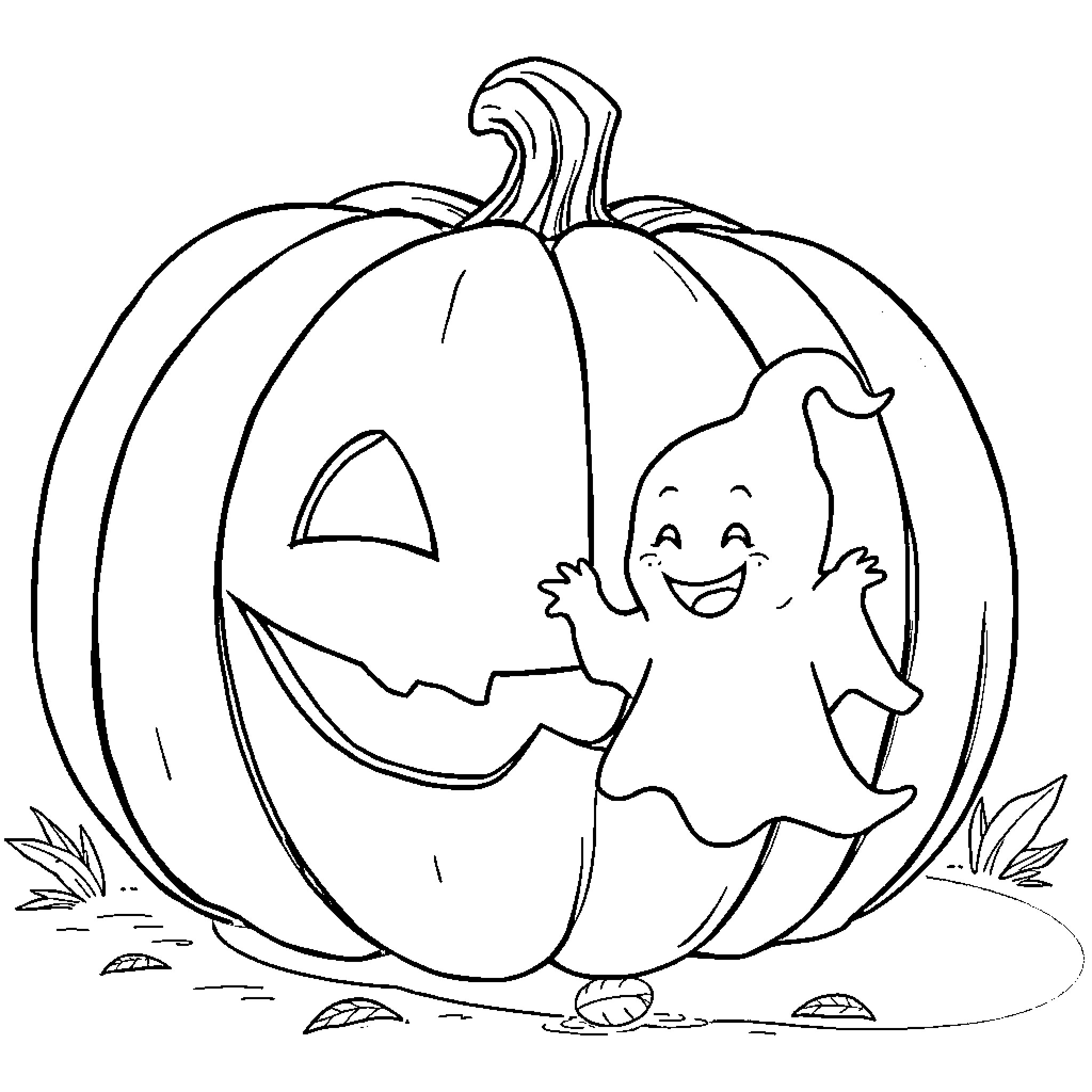 Pumpkin with a cheerful ghost Coloring Page (free black-and-white line drawing printable PDF for all, from beginners to advanced learners, including children, teens, adults, and seniors)