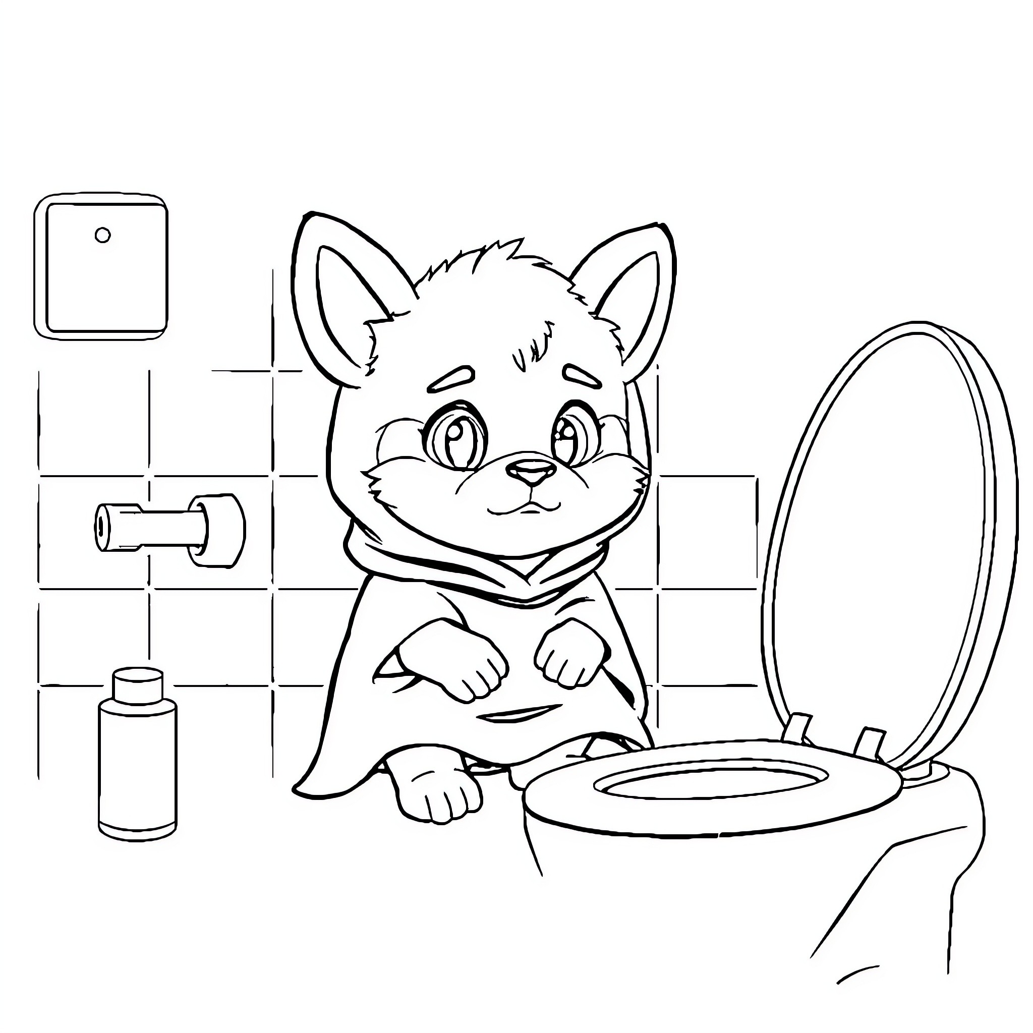 Tchoupi exploring the bathroom curiously Coloring Page (free black-and-white line drawing printable PDF for all, from beginners to advanced learners, including children, teens, adults, and seniors)