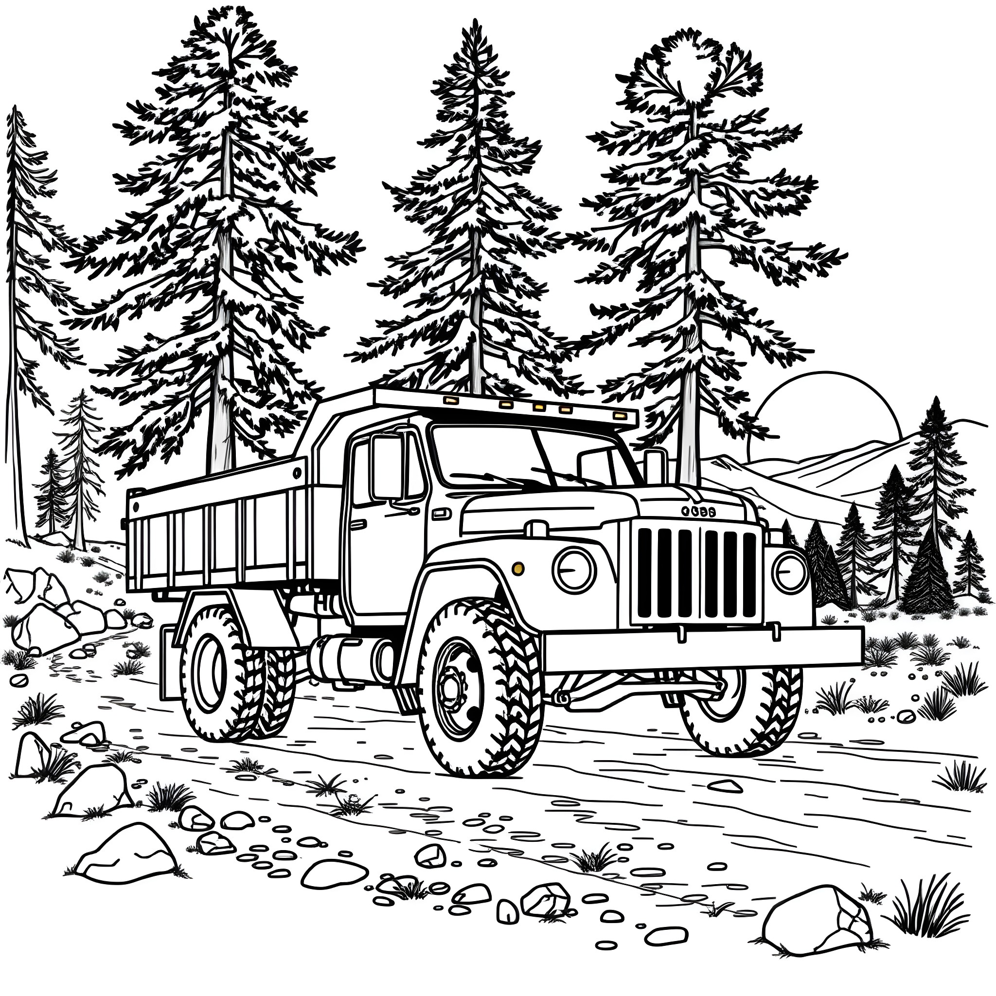 Dump Pickup Truck in Snowy Forest Landscape Coloring Page (free black-and-white line drawing printable PDF for all, from beginners to advanced learners, including children, teens, adults, and seniors)