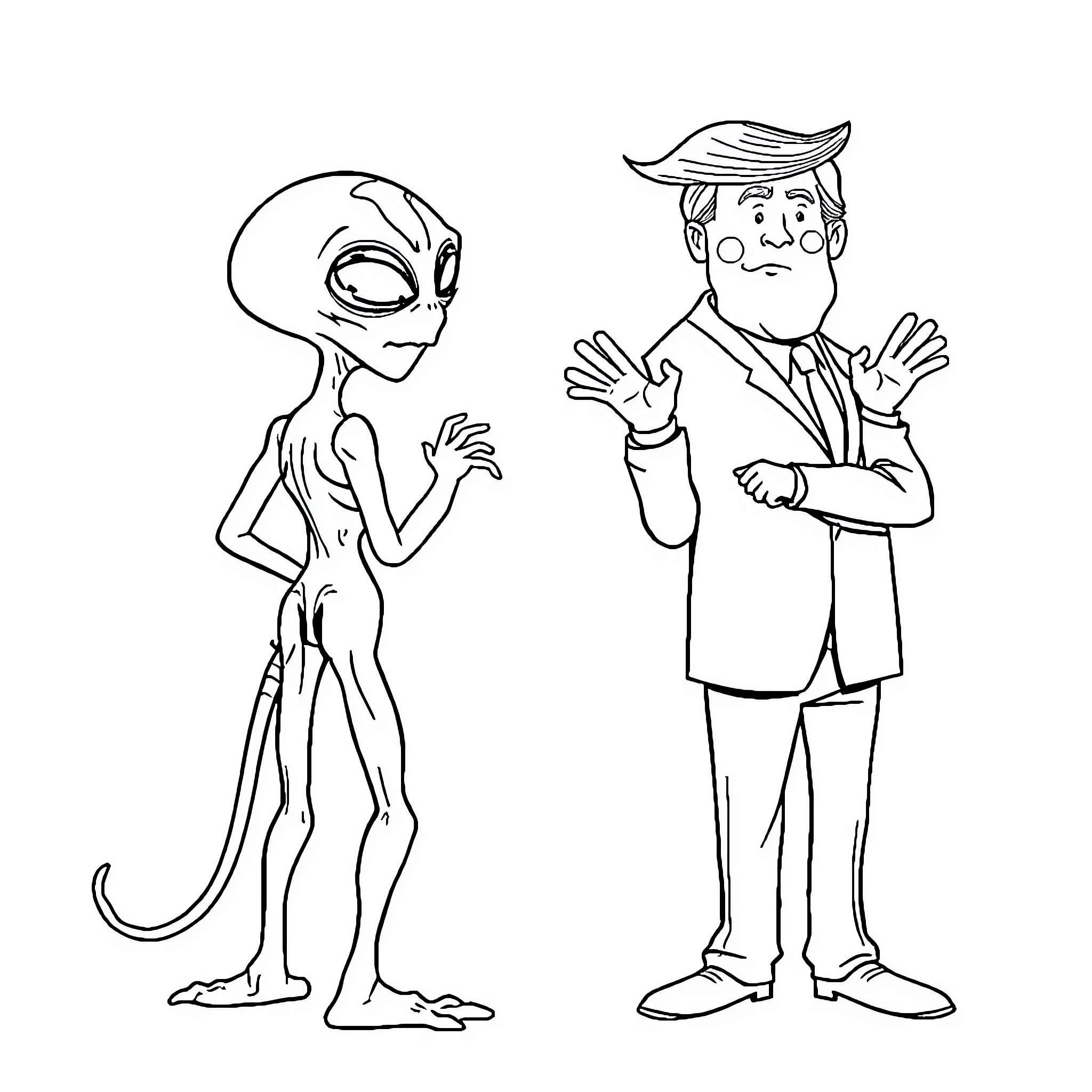 Alien and businessman in formal attire Coloring Page (free black-and-white line drawing printable PDF for all, from beginners to advanced learners, including children, teens, adults, and seniors)