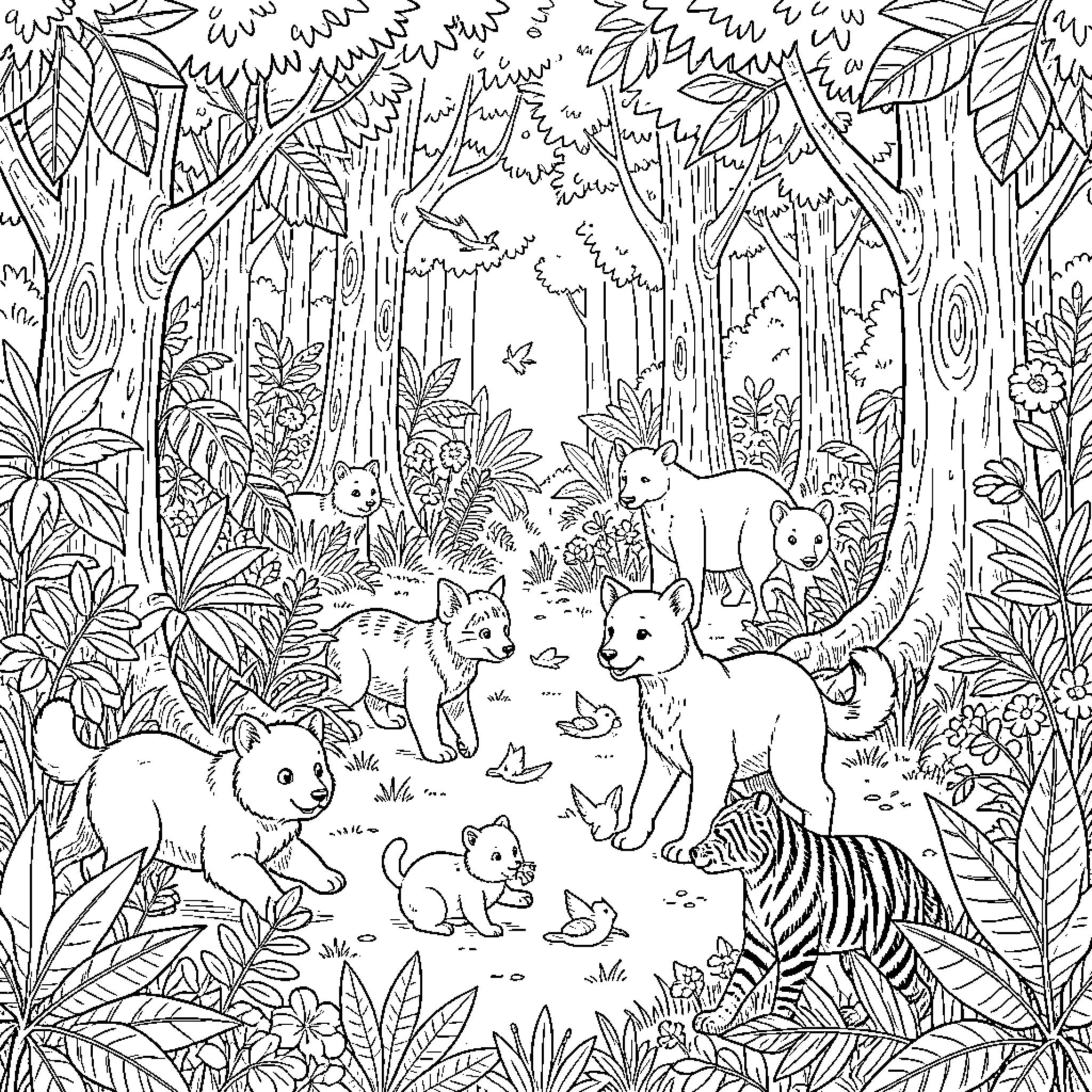 Forest animals in the wilderness Coloring Page (free black-and-white line drawing printable PDF for all, from beginners to advanced learners, including children, teens, adults, and seniors)
