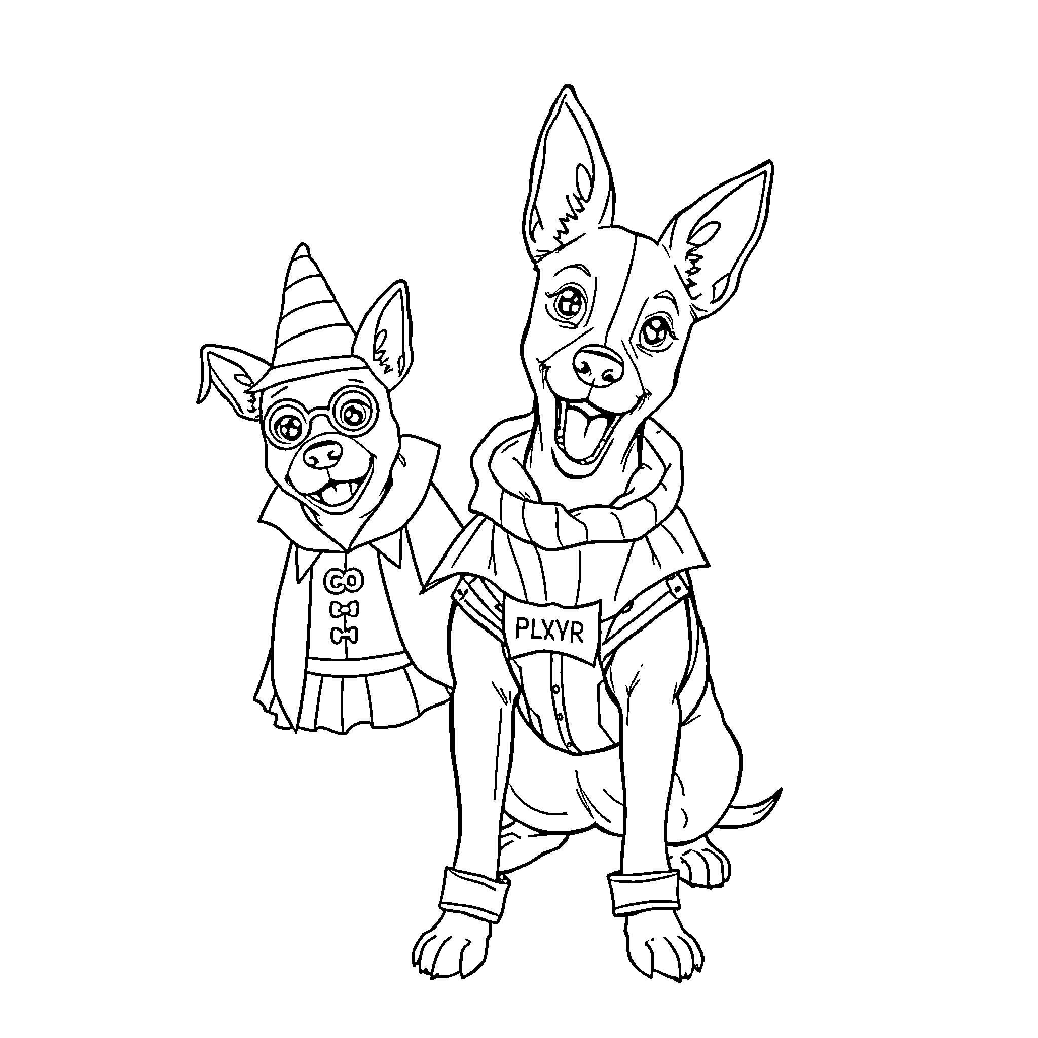 Paw Patrol characters in costume and uniform Coloring Page (free black-and-white line drawing printable PDF for all, from beginners to advanced learners, including children, teens, adults, and seniors)