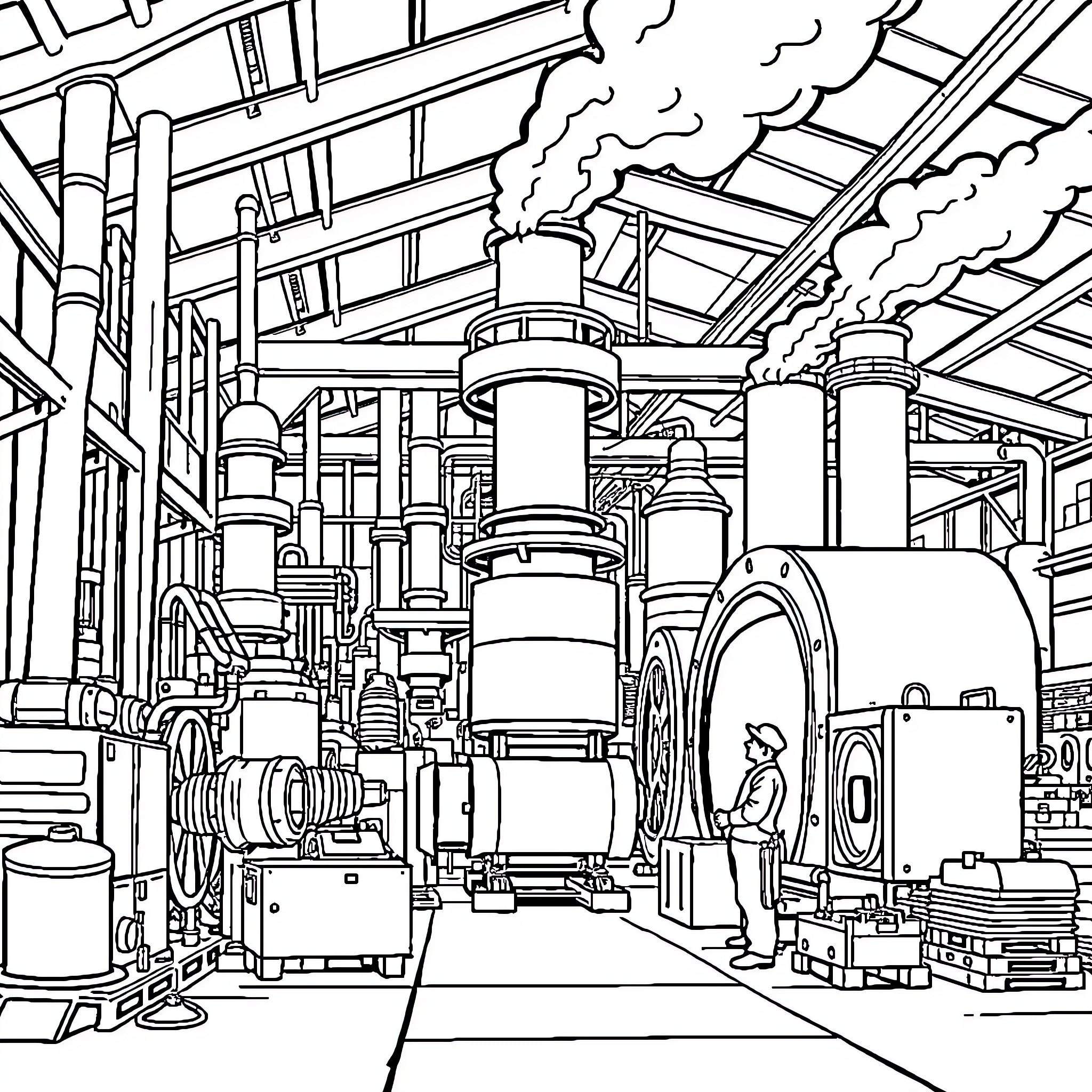 Factory Filled with Industrial Machinery and Equipment Coloring Page (free black-and-white line drawing printable PDF for all, from beginners to advanced learners, including children, teens, adults, and seniors)