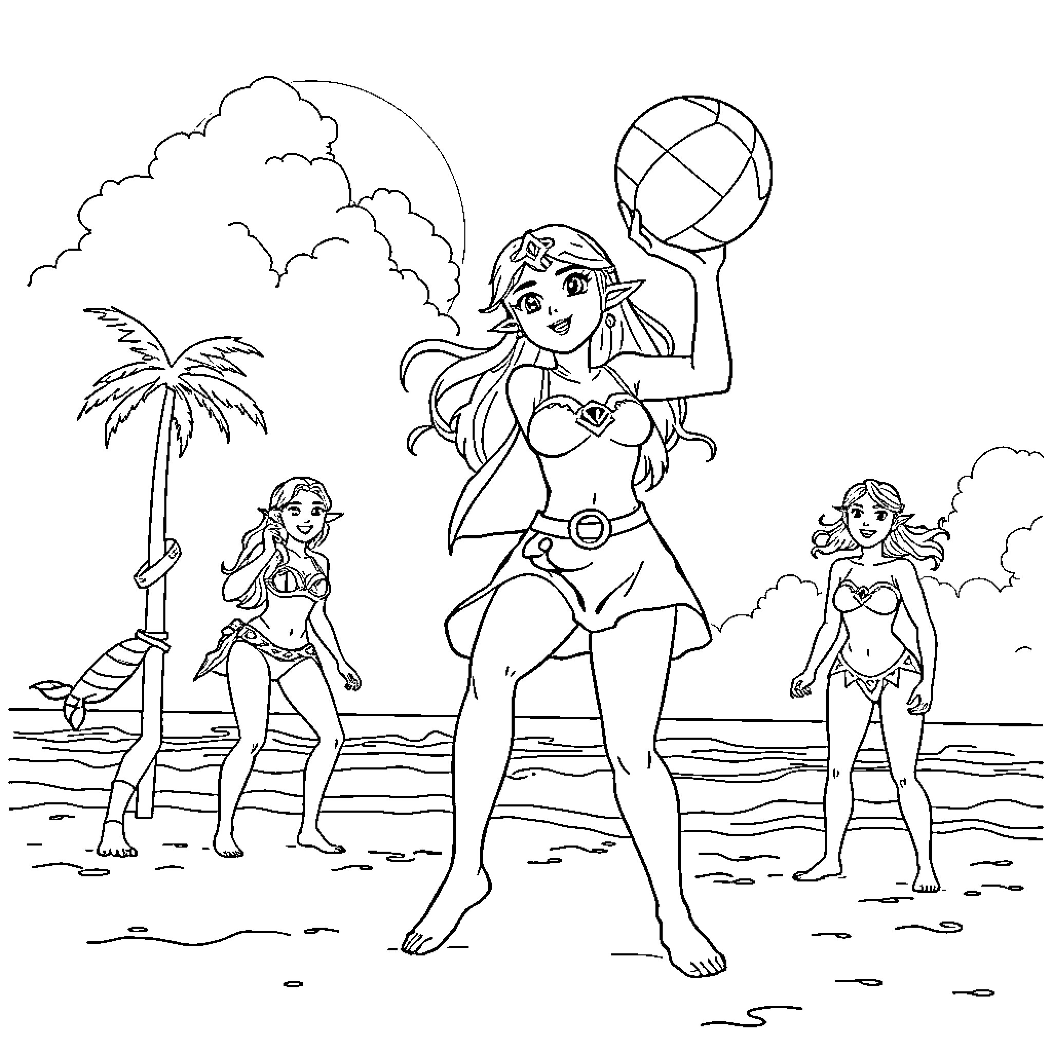 Princess Enjoying Beach Activities with Friends Coloring Page (free black-and-white line drawing printable PDF for all, from beginners to advanced learners, including children, teens, adults, and seniors)