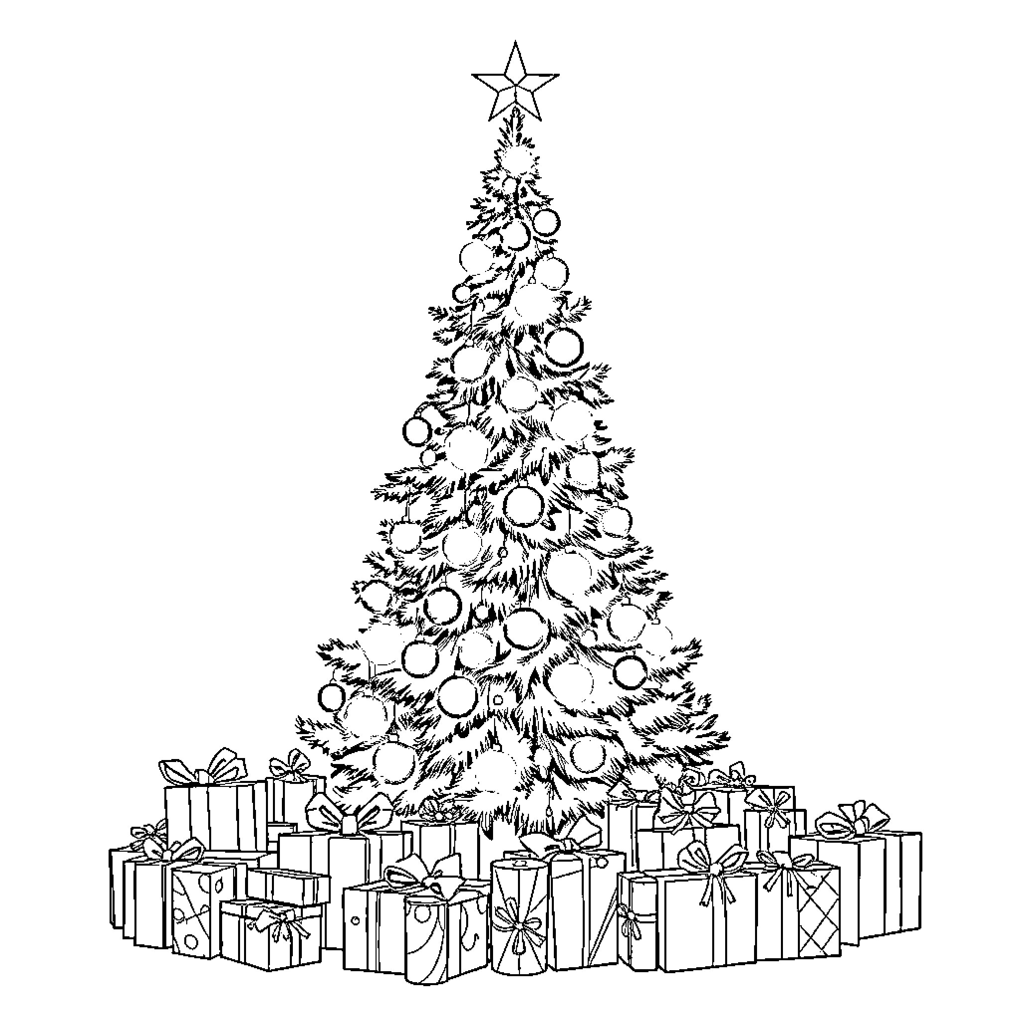 Christmas Tree Adorned with Ornaments and Presents Coloring Page (free black-and-white line drawing printable PDF for all, from beginners to advanced learners, including children, teens, adults, and seniors)