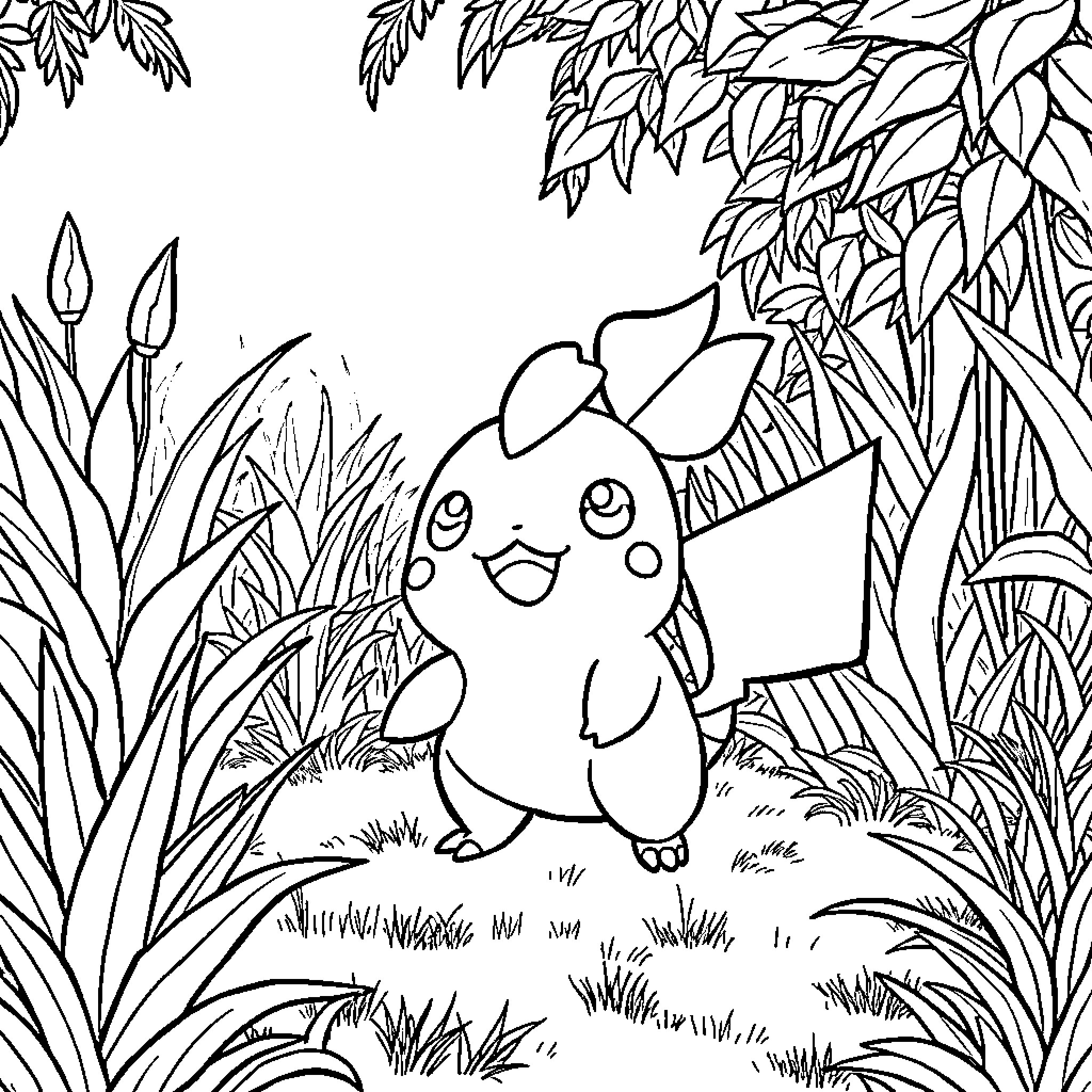 Oddish exploring the enchanted forest Coloring Page (free black-and-white line drawing printable PDF for all, from beginners to advanced learners, including children, teens, adults, and seniors)