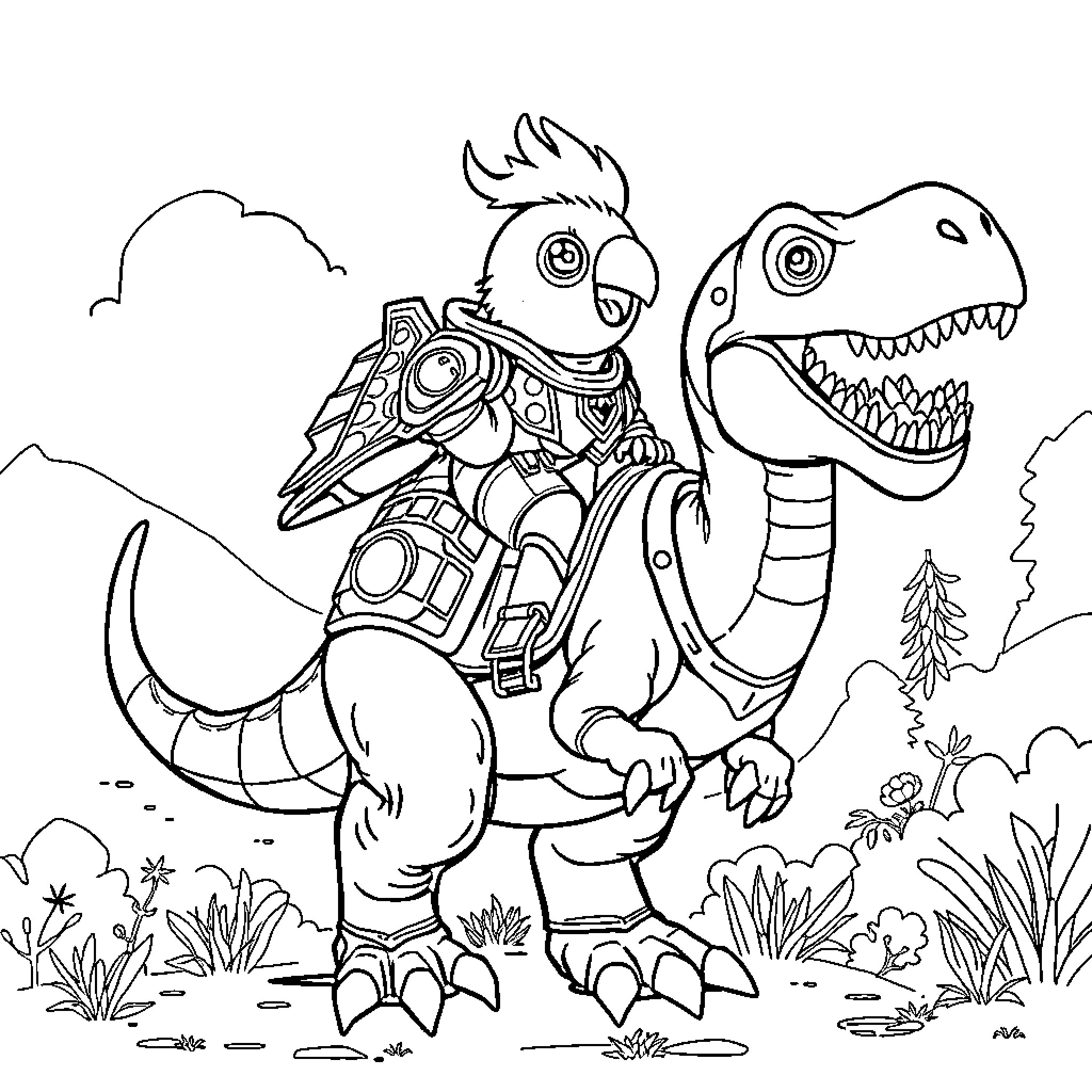 Koet Mechanical Dinosaur Explorer in the Wild Coloring Page (free black-and-white line drawing printable PDF for all, from beginners to advanced learners, including children, teens, adults, and seniors)