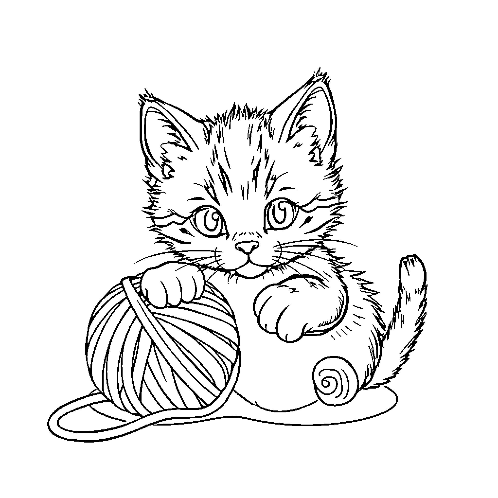 Kitty playing with yarn Coloring Page (free black-and-white line drawing printable PDF for all, from beginners to advanced learners, including children, teens, adults, and seniors)
