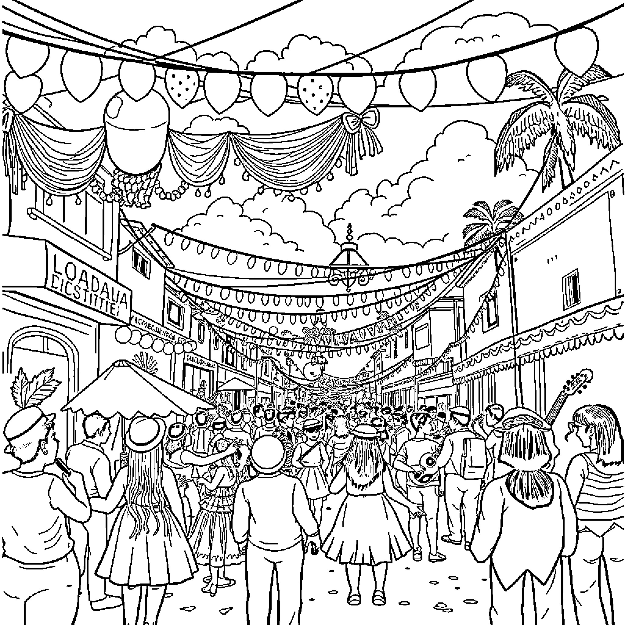 Fiesta of Festive Revelry and Celebrations Coloring Page (free black-and-white line drawing printable PDF for all, from beginners to advanced learners, including children, teens, adults, and seniors)