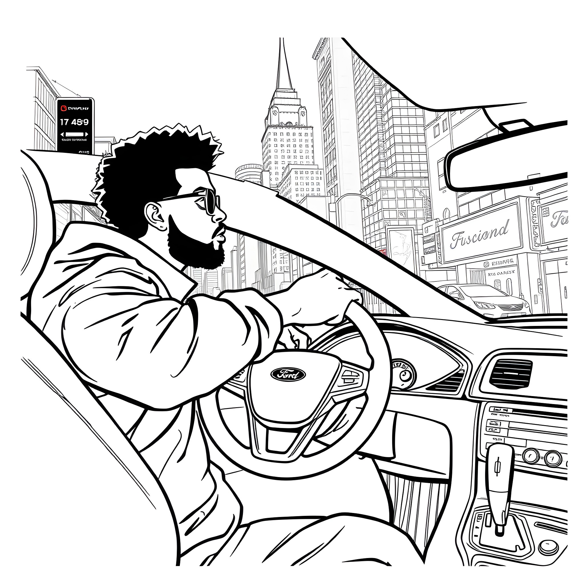 The Weeknd driving in the city Coloring Page (free black-and-white line drawing printable PDF for all, from beginners to advanced learners, including children, teens, adults, and seniors)