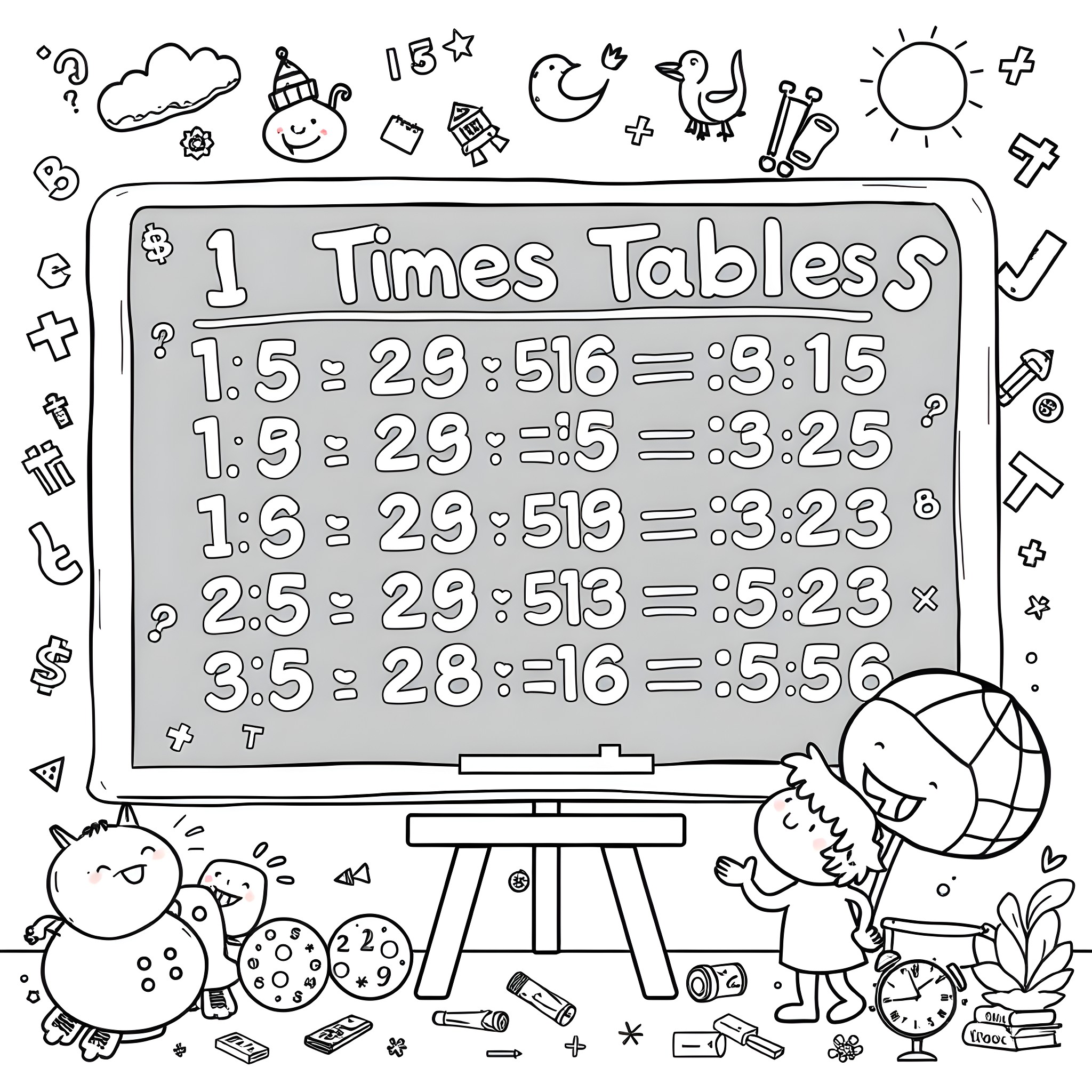 Times Tables with Playful Illustrations Coloring Page (free black-and-white line drawing printable PDF for all, from beginners to advanced learners, including children, teens, adults, and seniors)