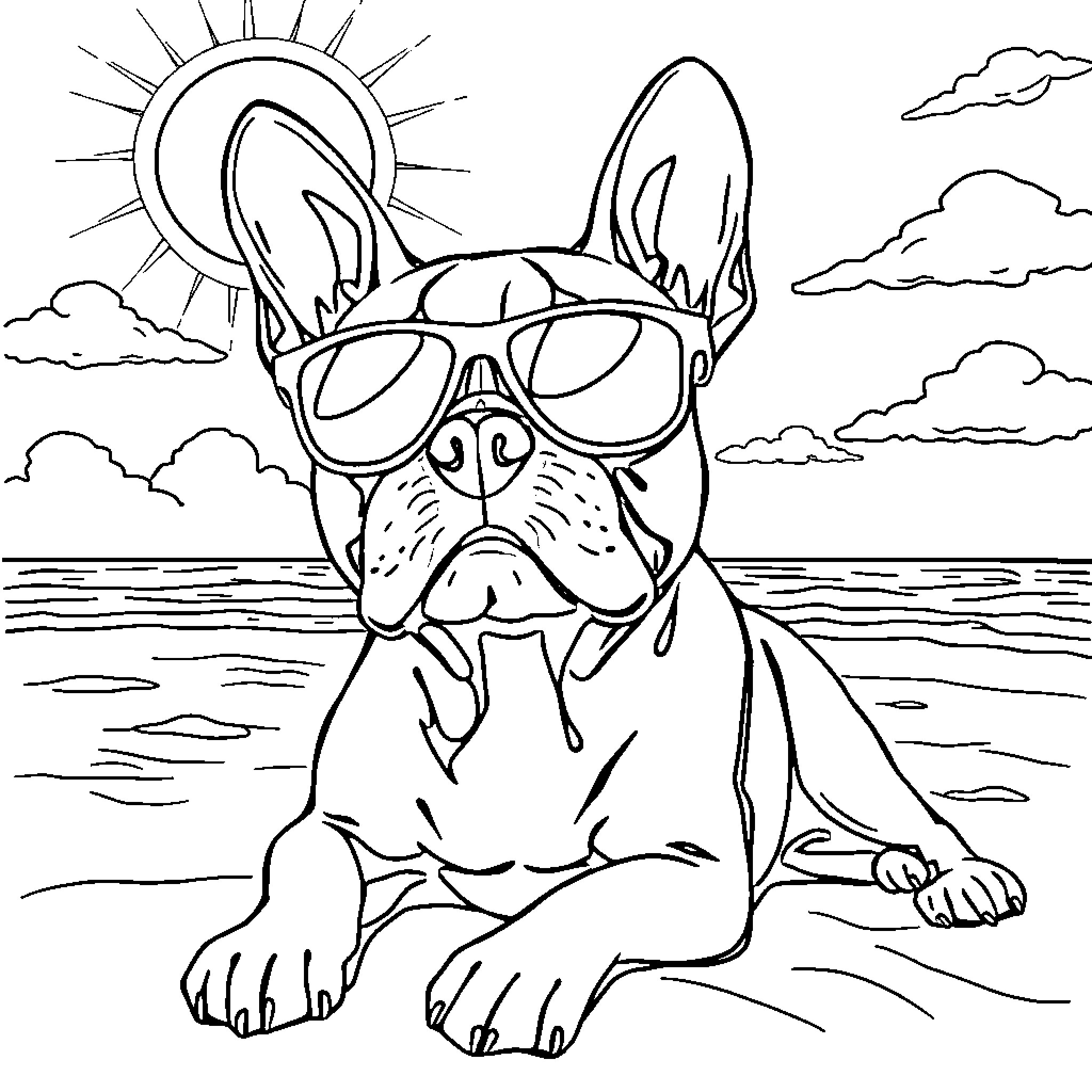Boston Terrier relaxing at the beach in sunglasses Coloring Page (free black-and-white line drawing printable PDF for all, from beginners to advanced learners, including children, teens, adults, and seniors)