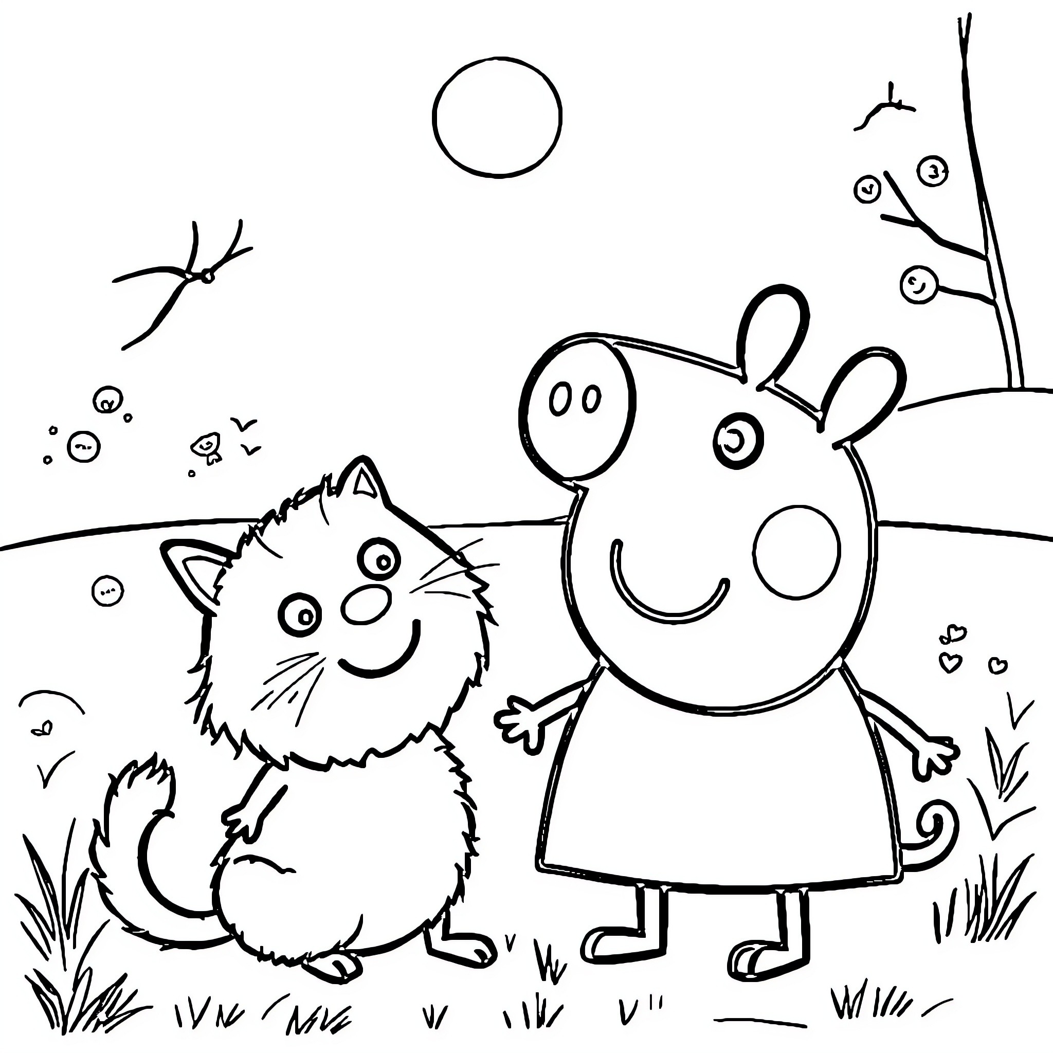 Peppa Pig and a Cute Kitten Exploring Nature Coloring Page (free black-and-white line drawing printable PDF for all, from beginners to advanced learners, including children, teens, adults, and seniors)