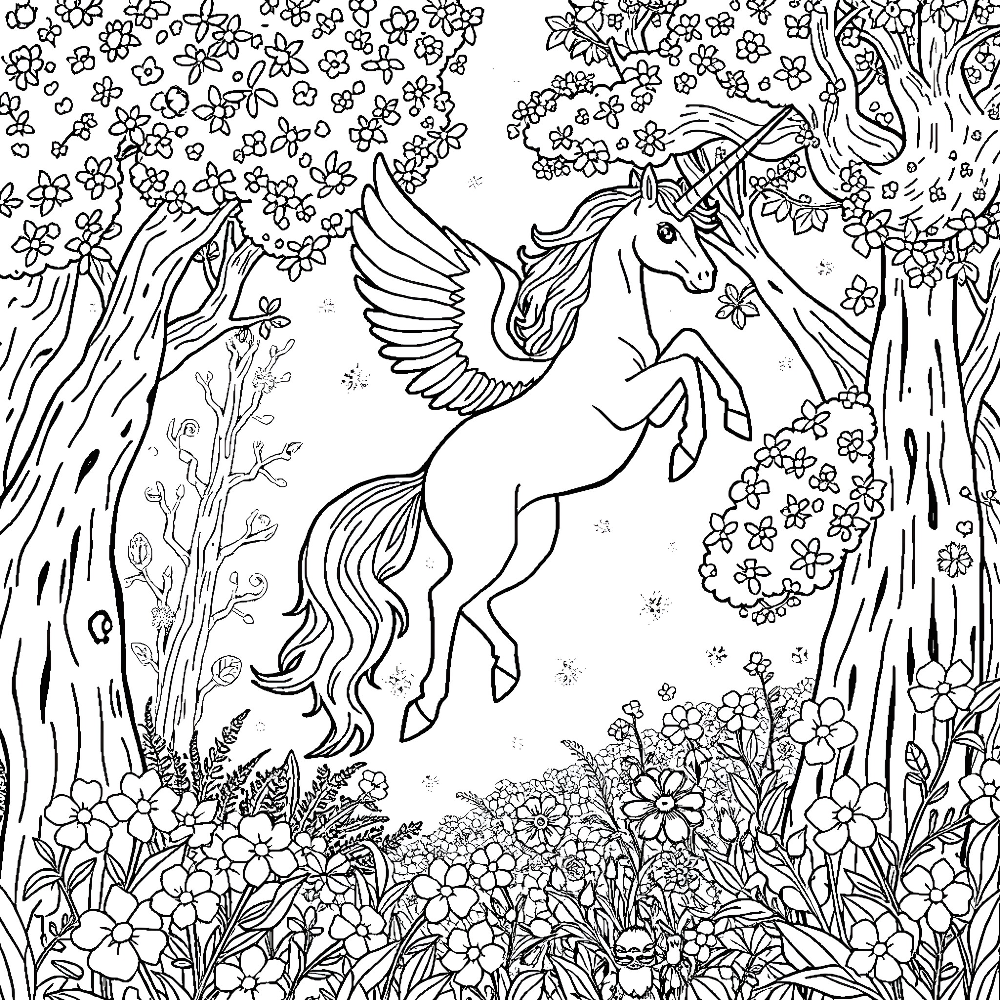 Unicorn soaring through enchanted floral landscape Coloring Page (free black-and-white line drawing printable PDF for all, from beginners to advanced learners, including children, teens, adults, and seniors)