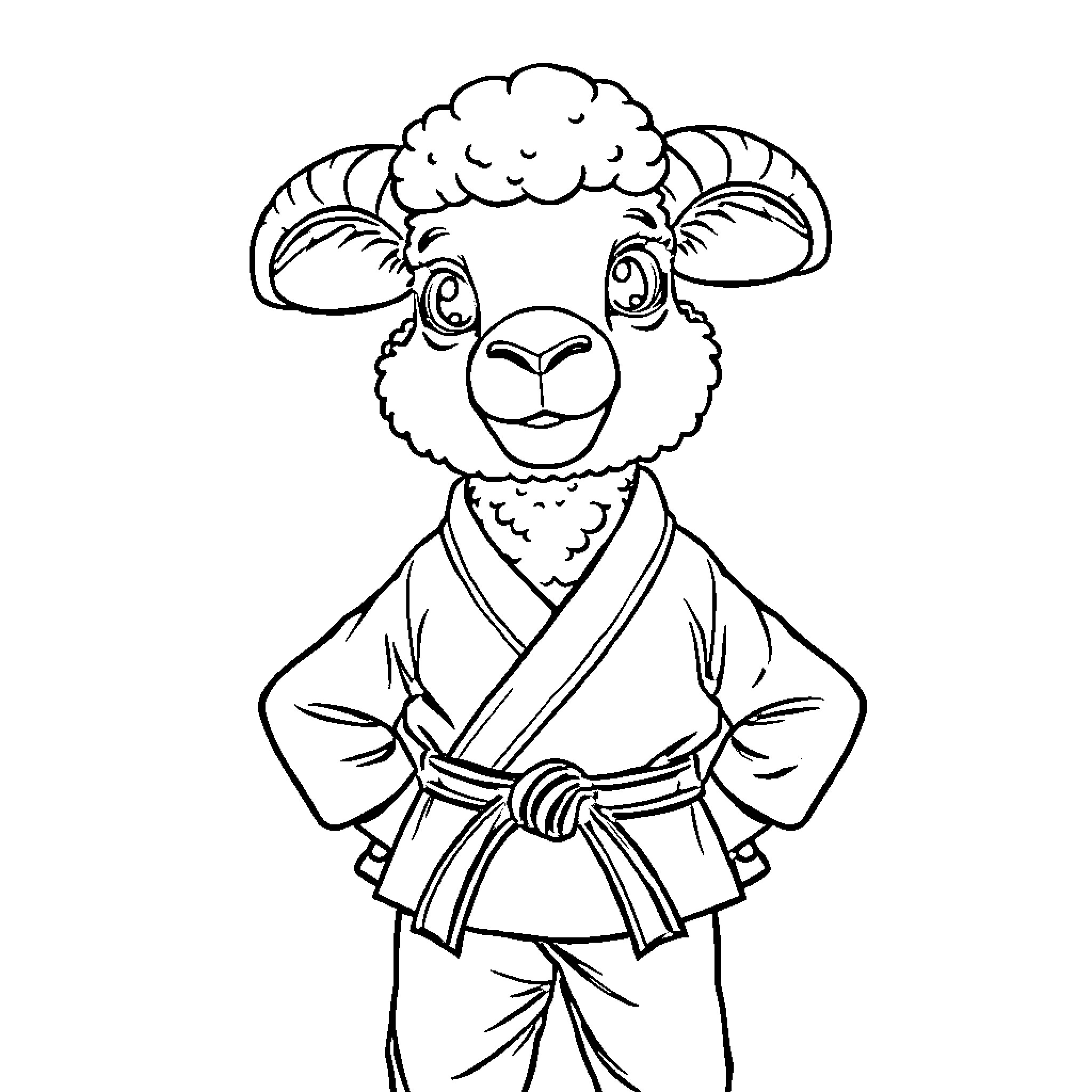 Sheep in Martial Arts Uniform Coloring Page (free black-and-white line drawing printable PDF for all, from beginners to advanced learners, including children, teens, adults, and seniors)
