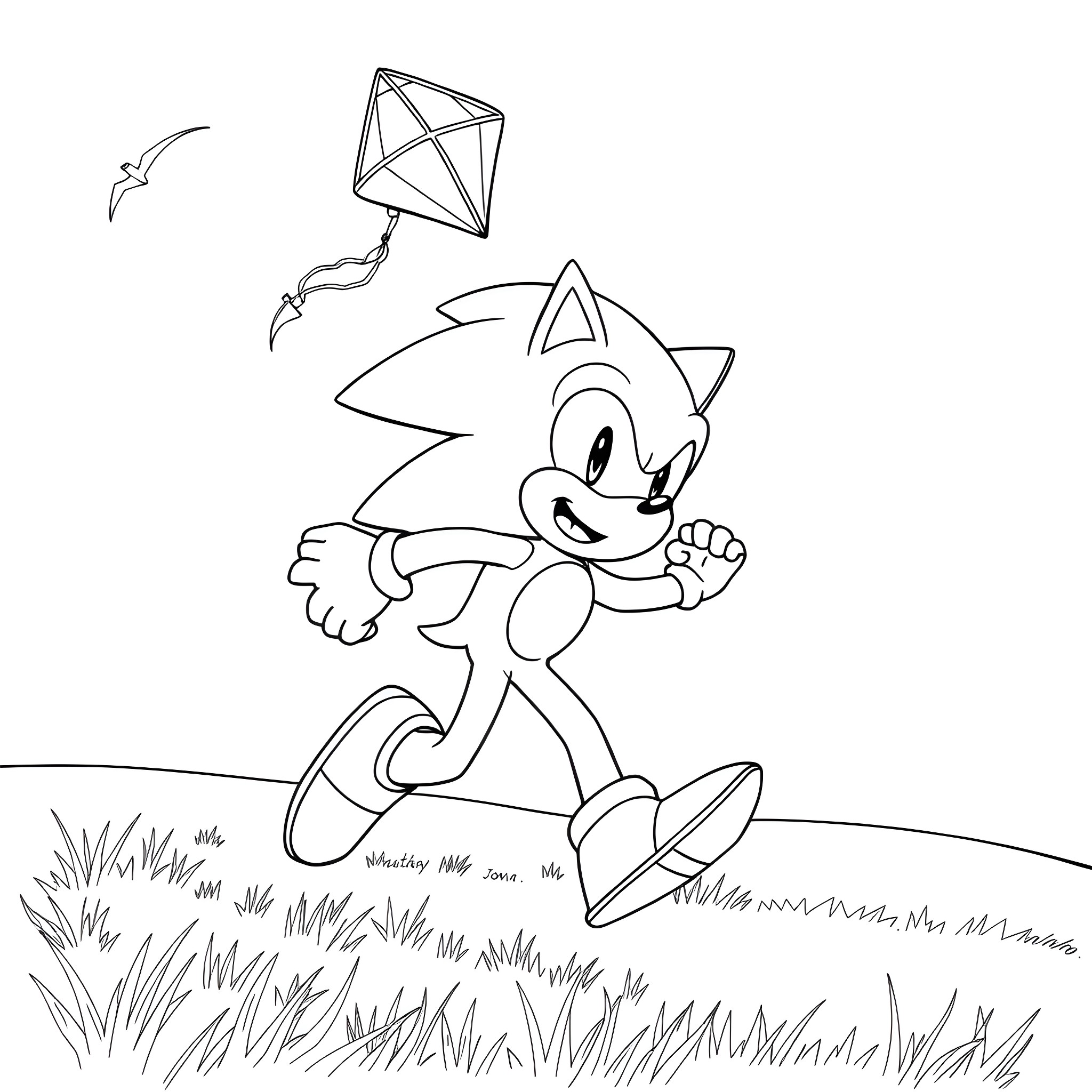 Sonic running and playing with a kite in the field Coloring Page (free black-and-white line drawing printable PDF for all, from beginners to advanced learners, including children, teens, adults, and seniors)