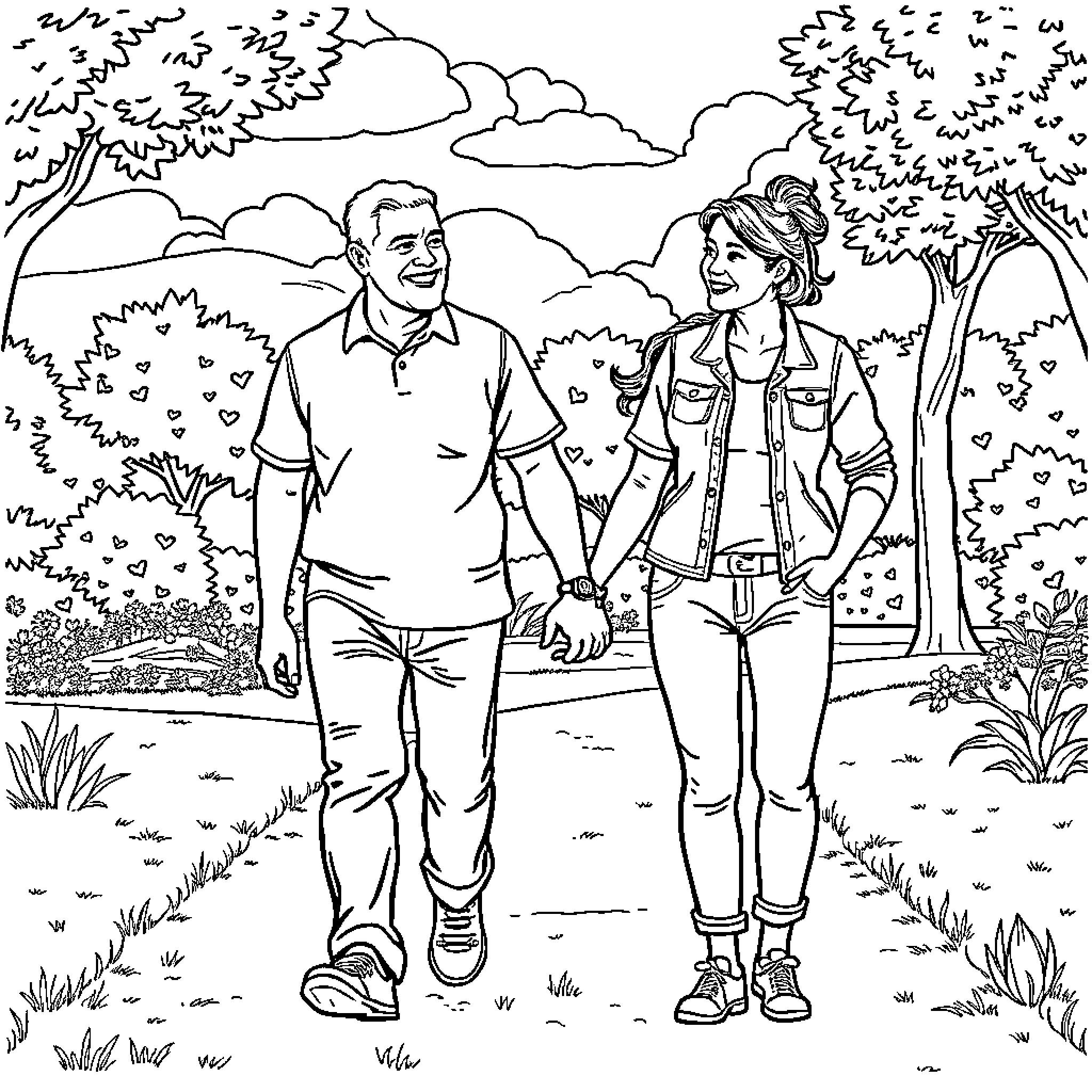 Daughter and father enjoying outdoor adventure Coloring Page (free black-and-white line drawing printable PDF for all, from beginners to advanced learners, including children, teens, adults, and seniors)