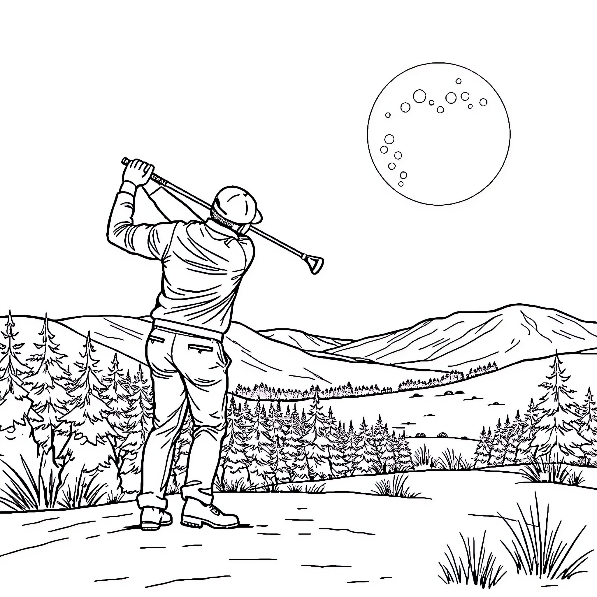 Golfer swinging club in scenic mountain landscape Coloring Page (free black-and-white line drawing printable PDF for all, from beginners to advanced learners, including children, teens, adults, and seniors)
