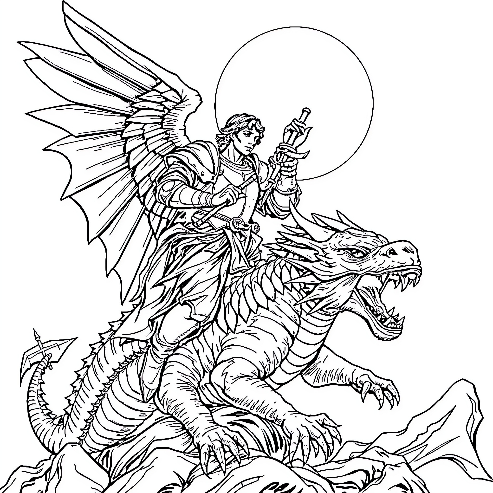 St Michael vanquishing the dragon Coloring Page (free black-and-white line drawing printable PDF for all, from beginners to advanced learners, including children, teens, adults, and seniors)