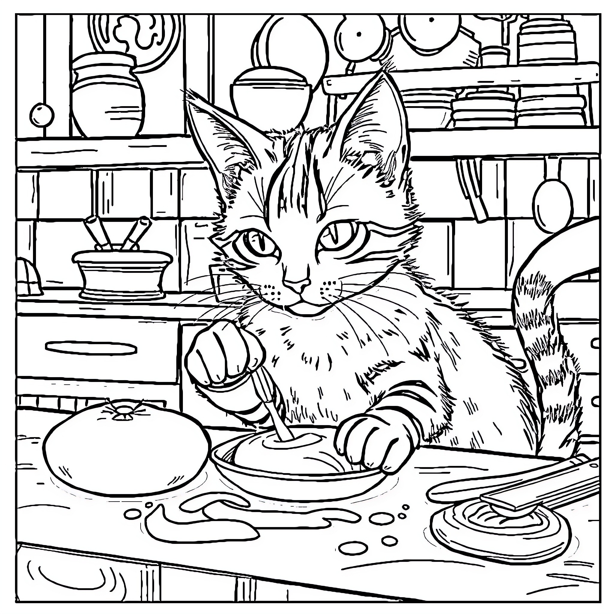 Chat about a curious cat in a cozy kitchen Coloring Page (free black-and-white line drawing printable PDF for all, from beginners to advanced learners, including children, teens, adults, and seniors)