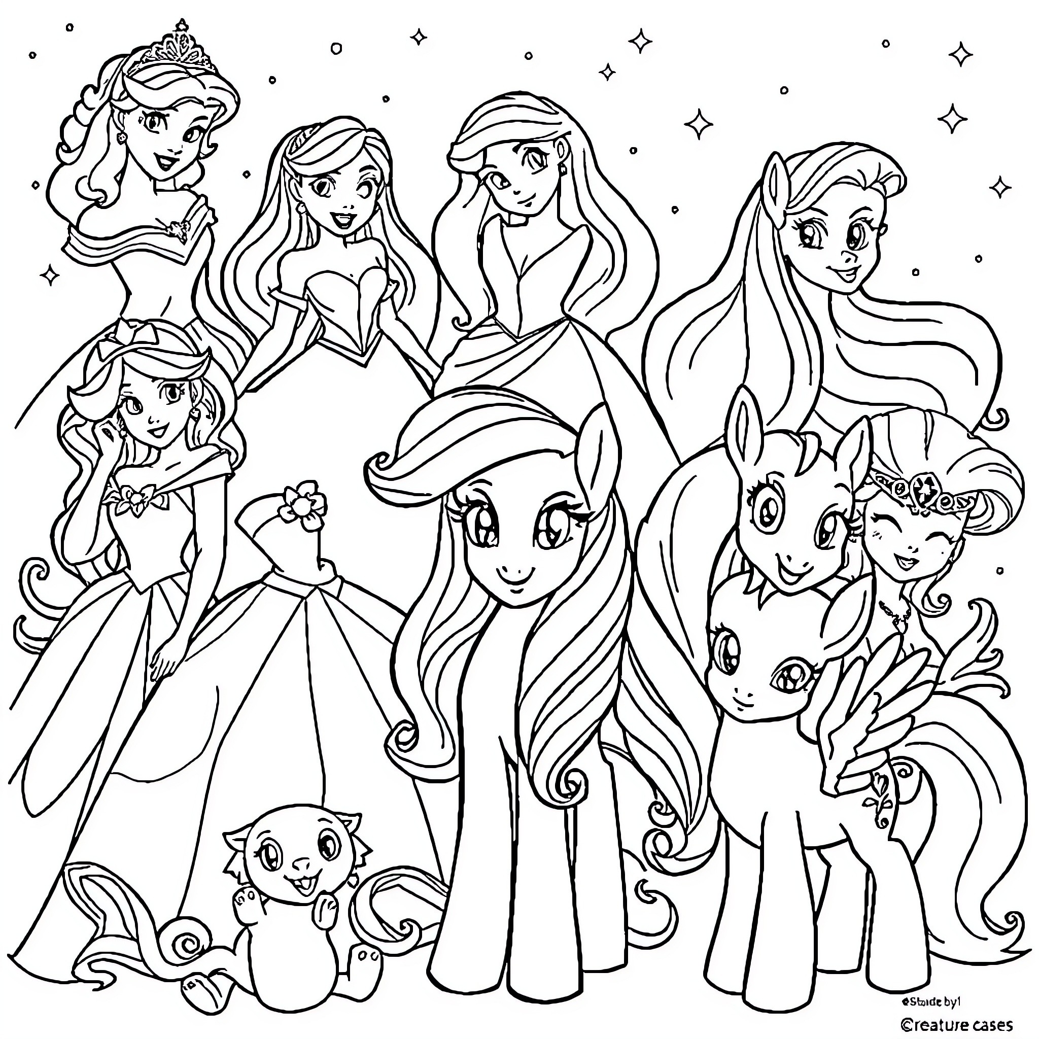 Character Collection of Beloved Disney Princesses Coloring Page (free black-and-white line drawing printable PDF for all, from beginners to advanced learners, including children, teens, adults, and seniors)