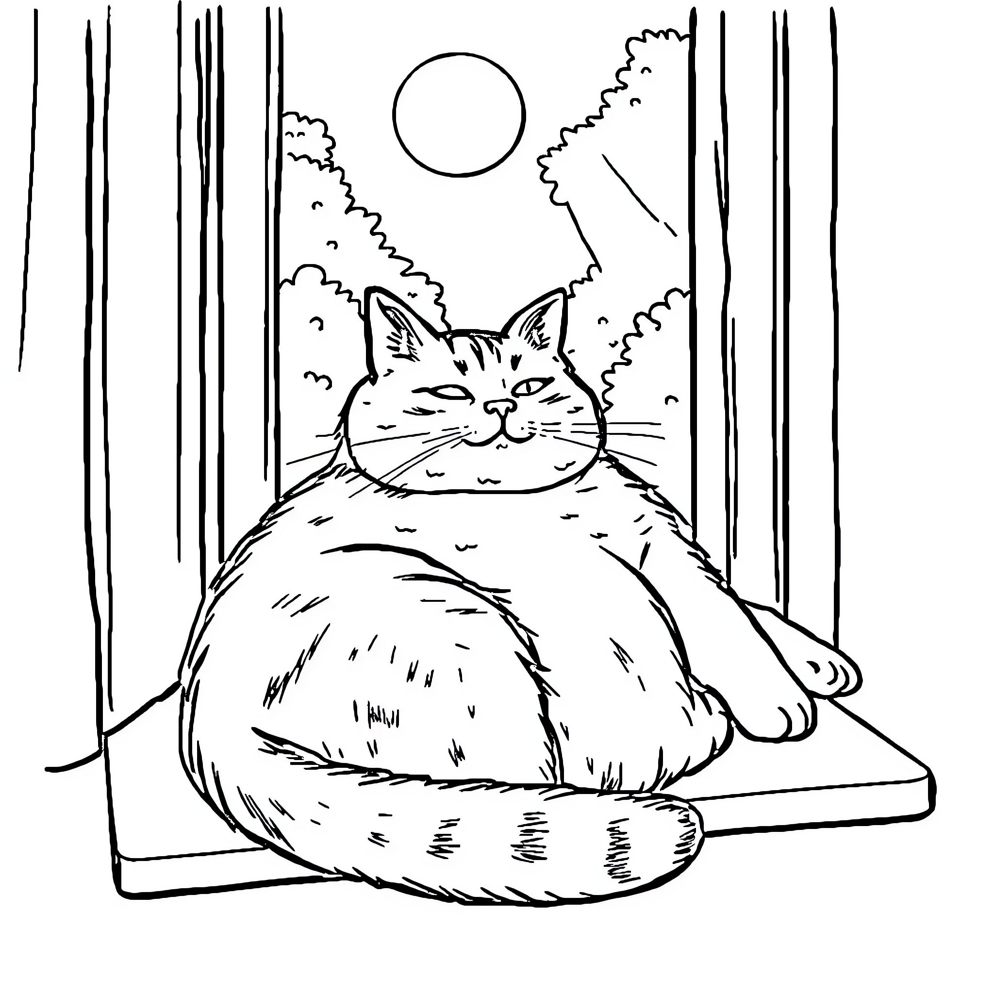 Cat resting peacefully in window Coloring Page (free black-and-white line drawing printable PDF for all, from beginners to advanced learners, including children, teens, adults, and seniors)