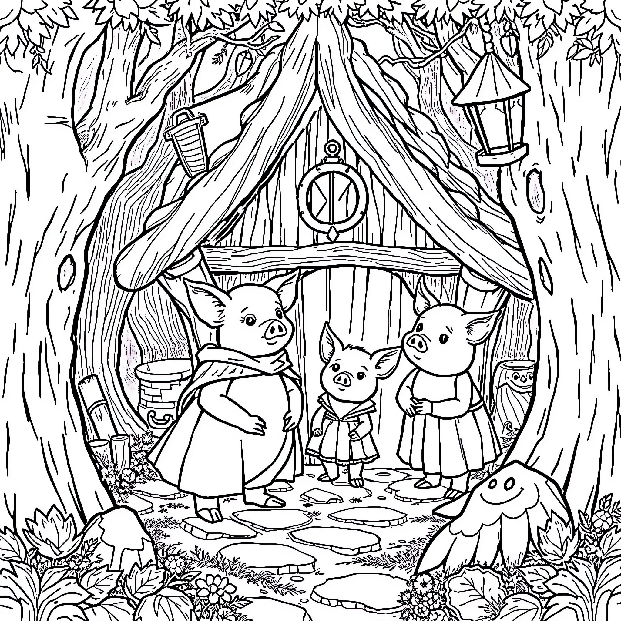 Little Red Riding Hood's Forest Cottage with Animal Friends Coloring Page (free black-and-white line drawing printable PDF for all, from beginners to advanced learners, including children, teens, adults, and seniors)