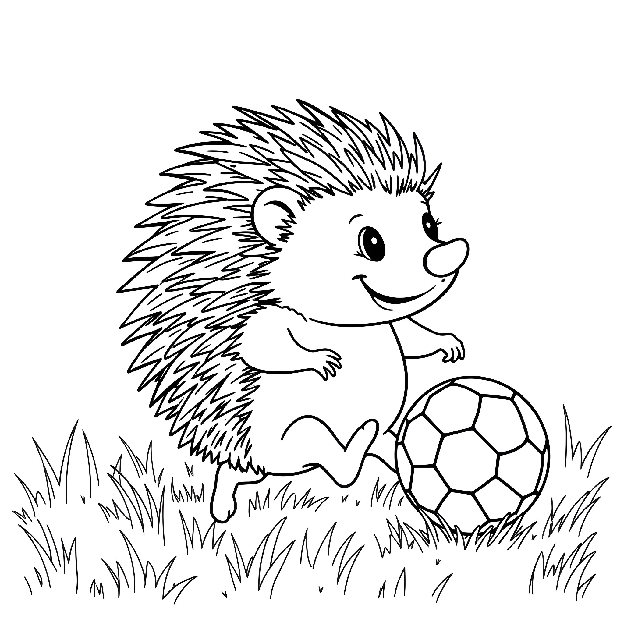 Hedgehog playing with soccer ball in the grass Coloring Page (free black-and-white line drawing printable PDF for all, from beginners to advanced learners, including children, teens, adults, and seniors)