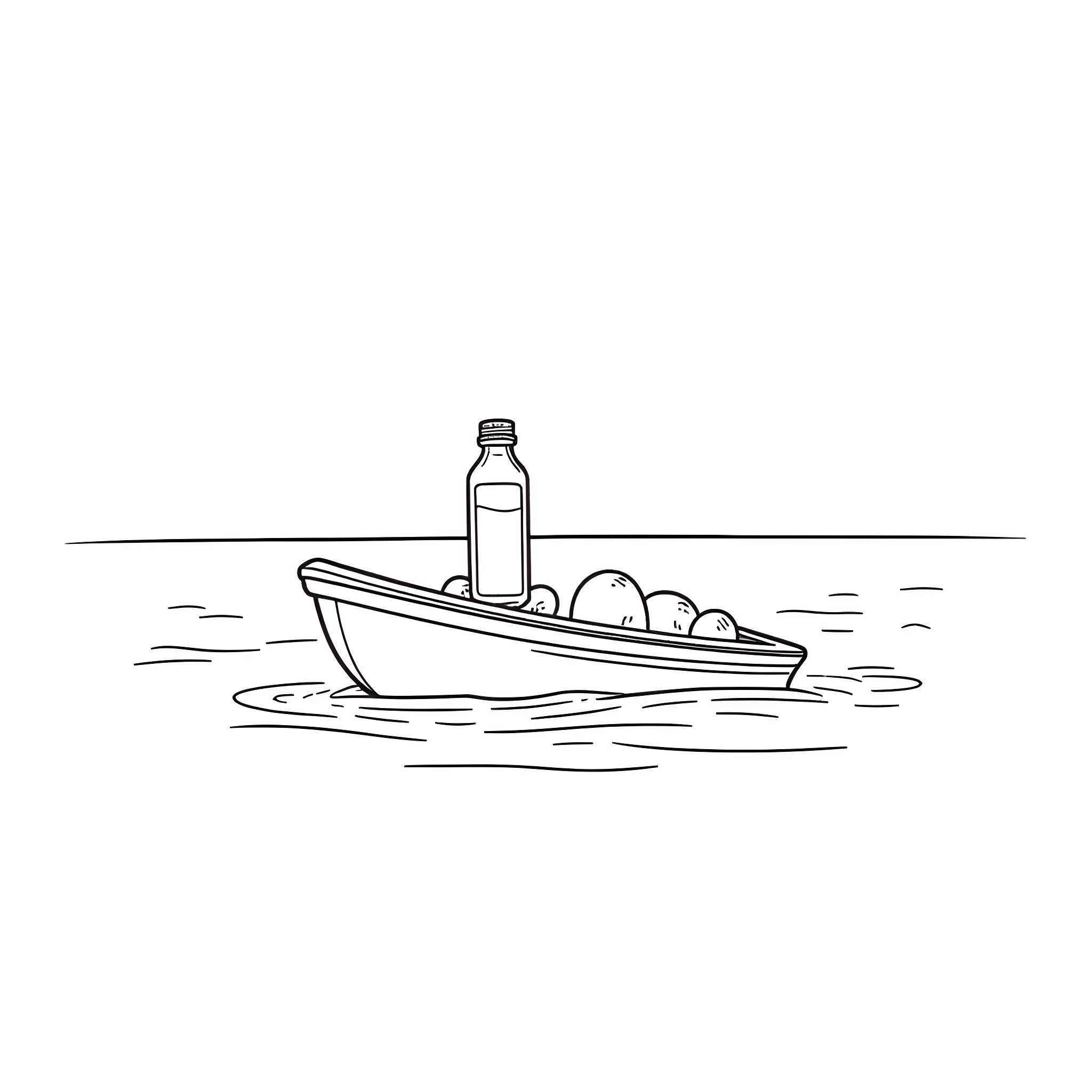 Olive Oil Sailing Boat with Ingredients Coloring Page (free black-and-white line drawing printable PDF for all, from beginners to advanced learners, including children, teens, adults, and seniors)