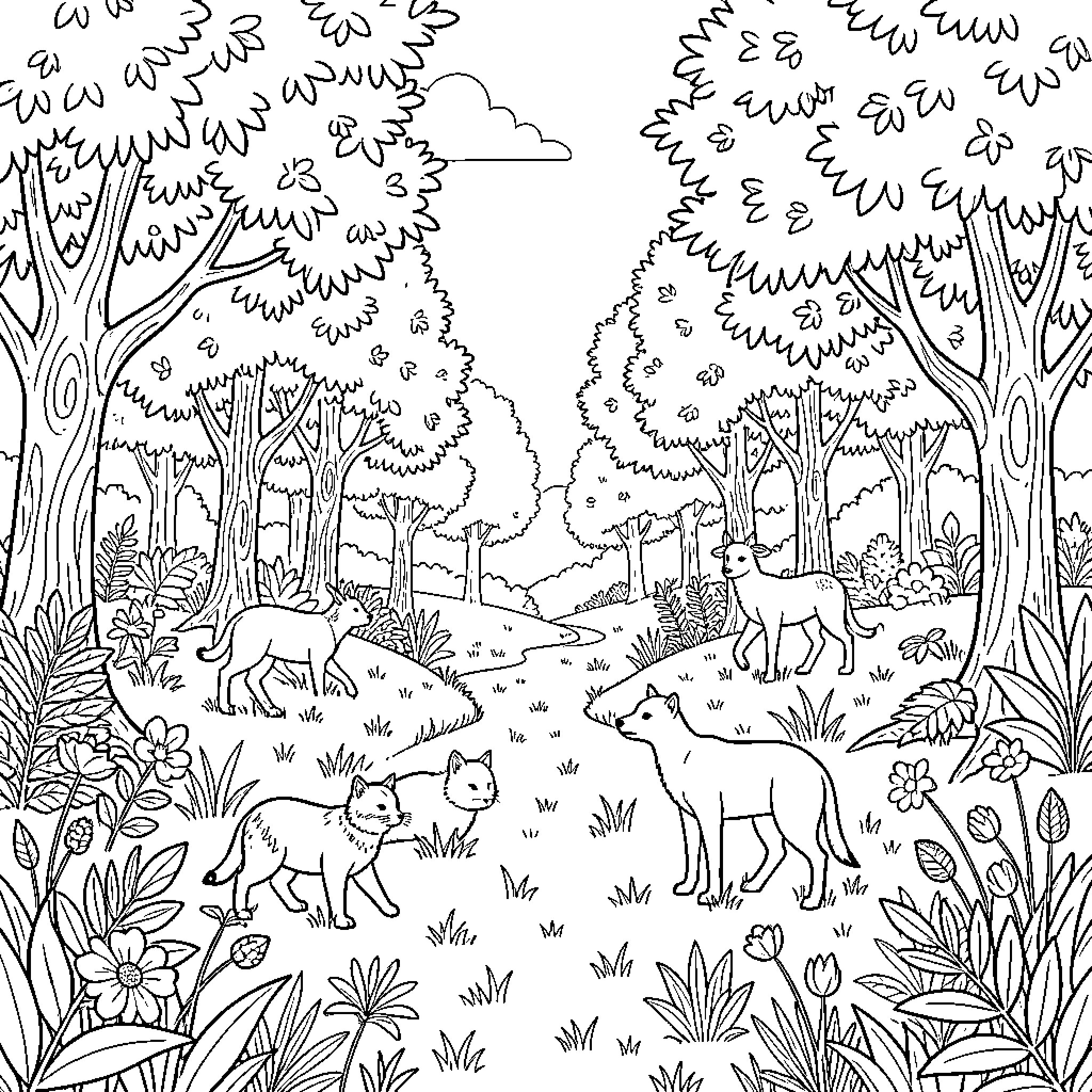 Nature scene with animals walking through the forest Coloring Page (free black-and-white line drawing printable PDF for all, from beginners to advanced learners, including children, teens, adults, and seniors)