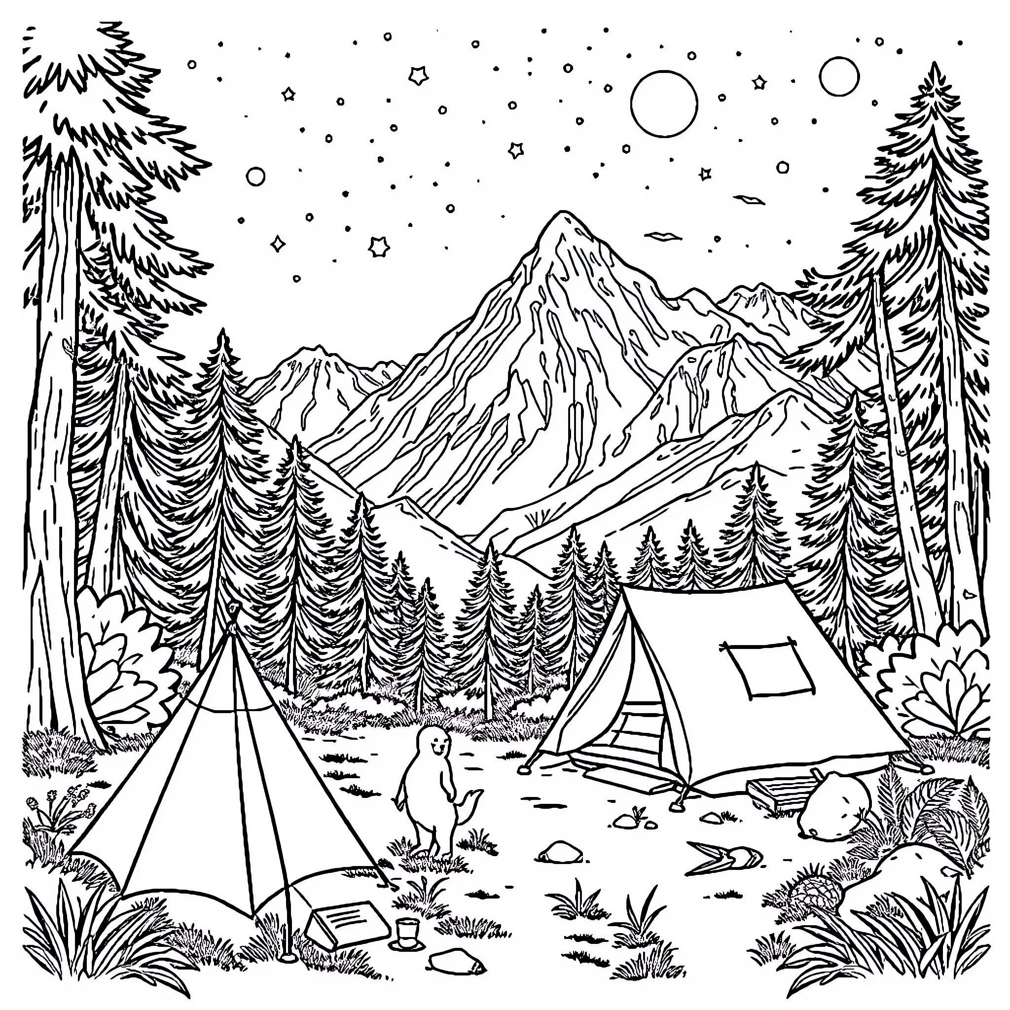 Camping in the snowy winter wilderness Coloring Page (free black-and-white line drawing printable PDF for all, from beginners to advanced learners, including children, teens, adults, and seniors)
