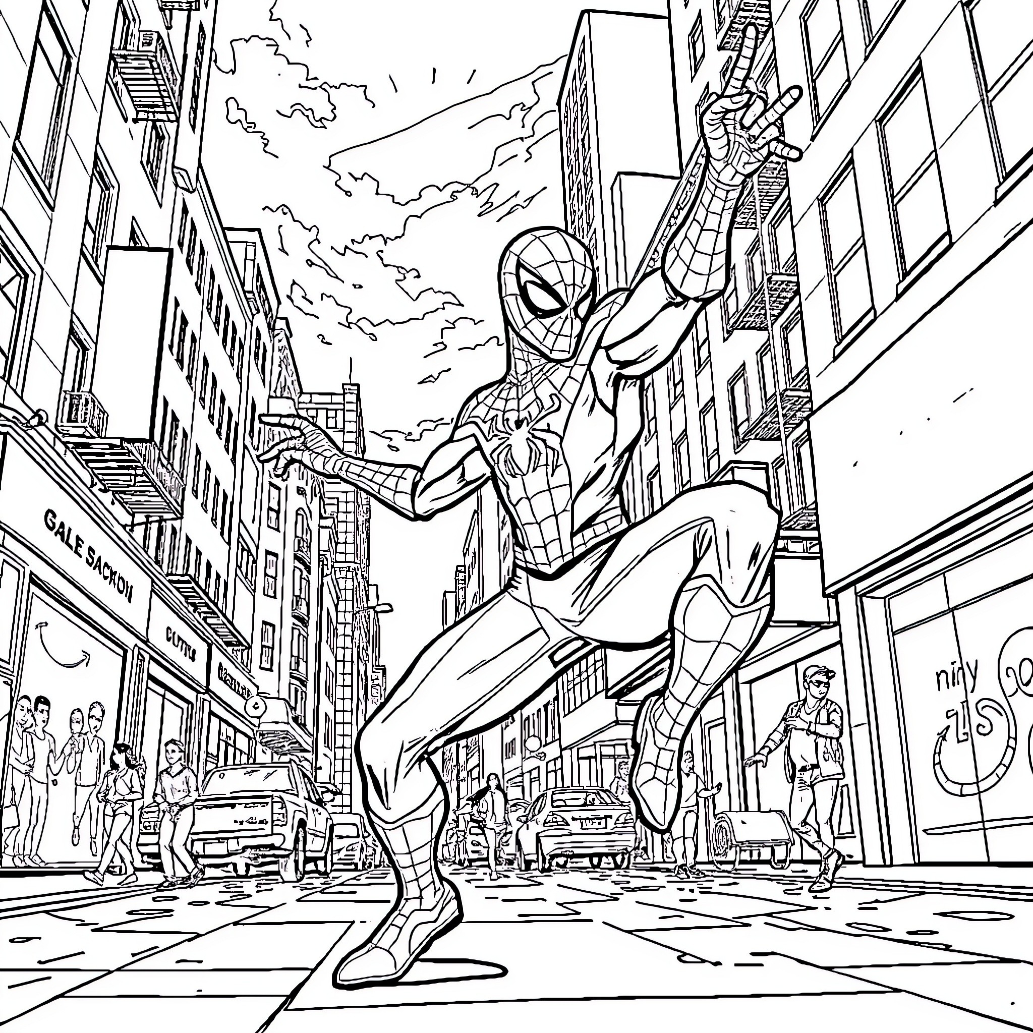 Spiderman swinging through the city streets Coloring Page (free black-and-white line drawing printable PDF for all, from beginners to advanced learners, including children, teens, adults, and seniors)
