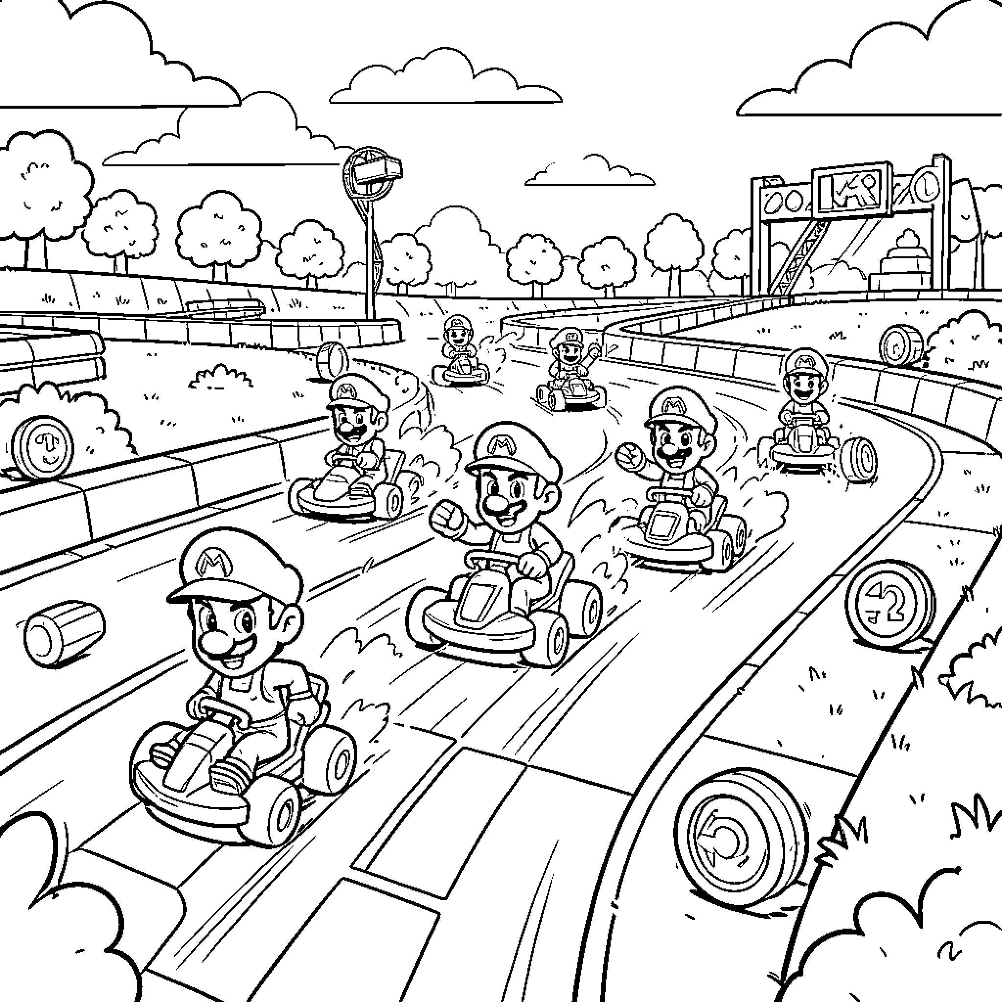 Mario Kart characters racing enthusiastically on a track Coloring Page (free black-and-white line drawing printable PDF for all, from beginners to advanced learners, including children, teens, adults, and seniors)