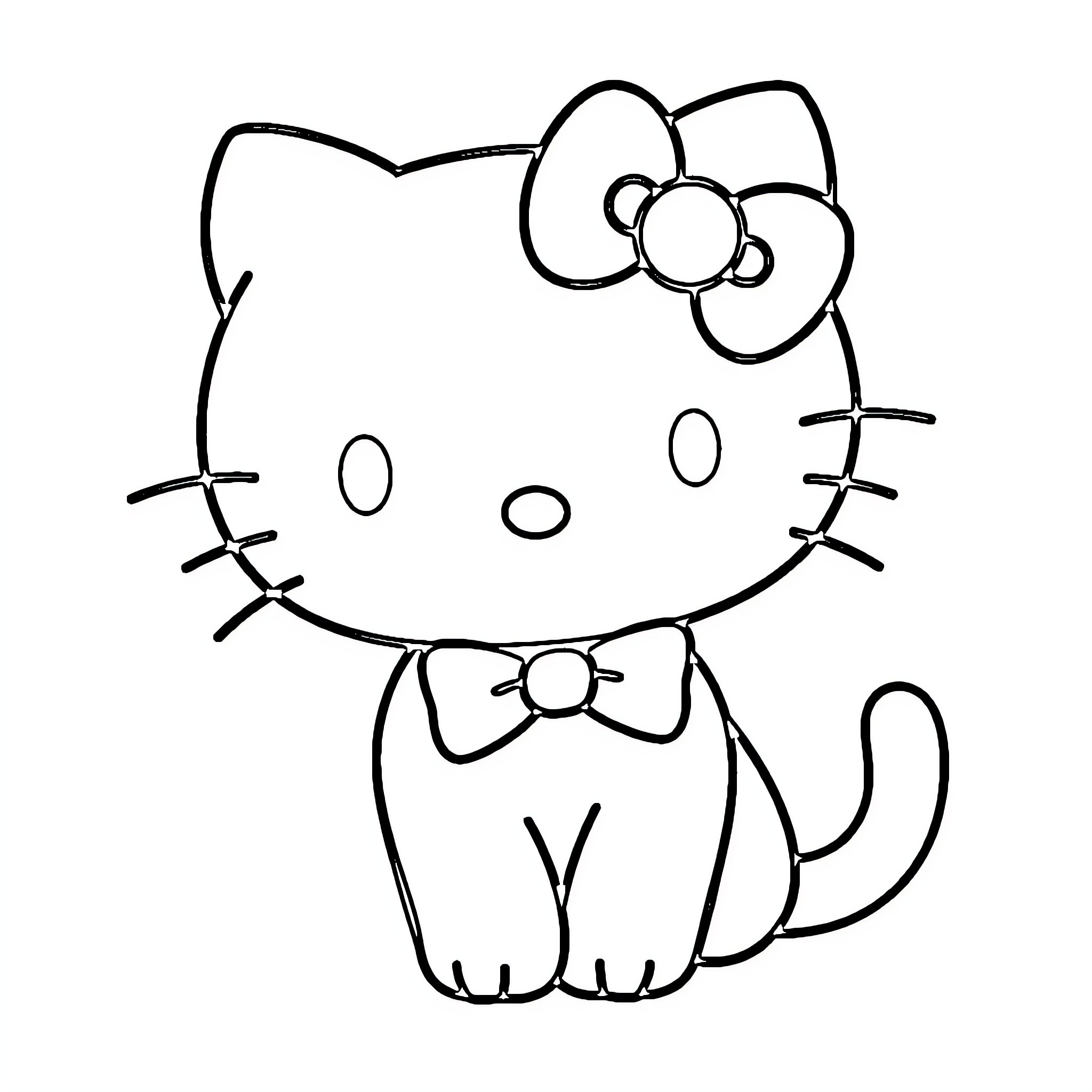 Hello Kitty sitting and smiling Coloring Page (free black-and-white line drawing printable PDF for all, from beginners to advanced learners, including children, teens, adults, and seniors)