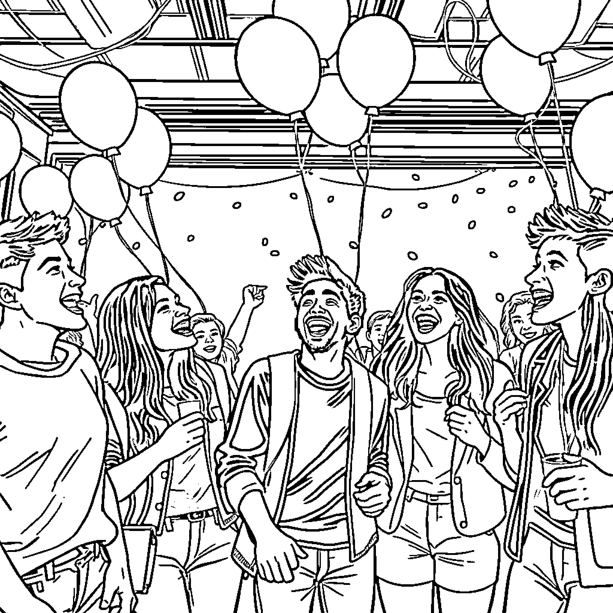 Student Celebration with Balloons and Joy Coloring Page (free black-and-white line drawing printable PDF for all, from beginners to advanced learners, including children, teens, adults, and seniors)