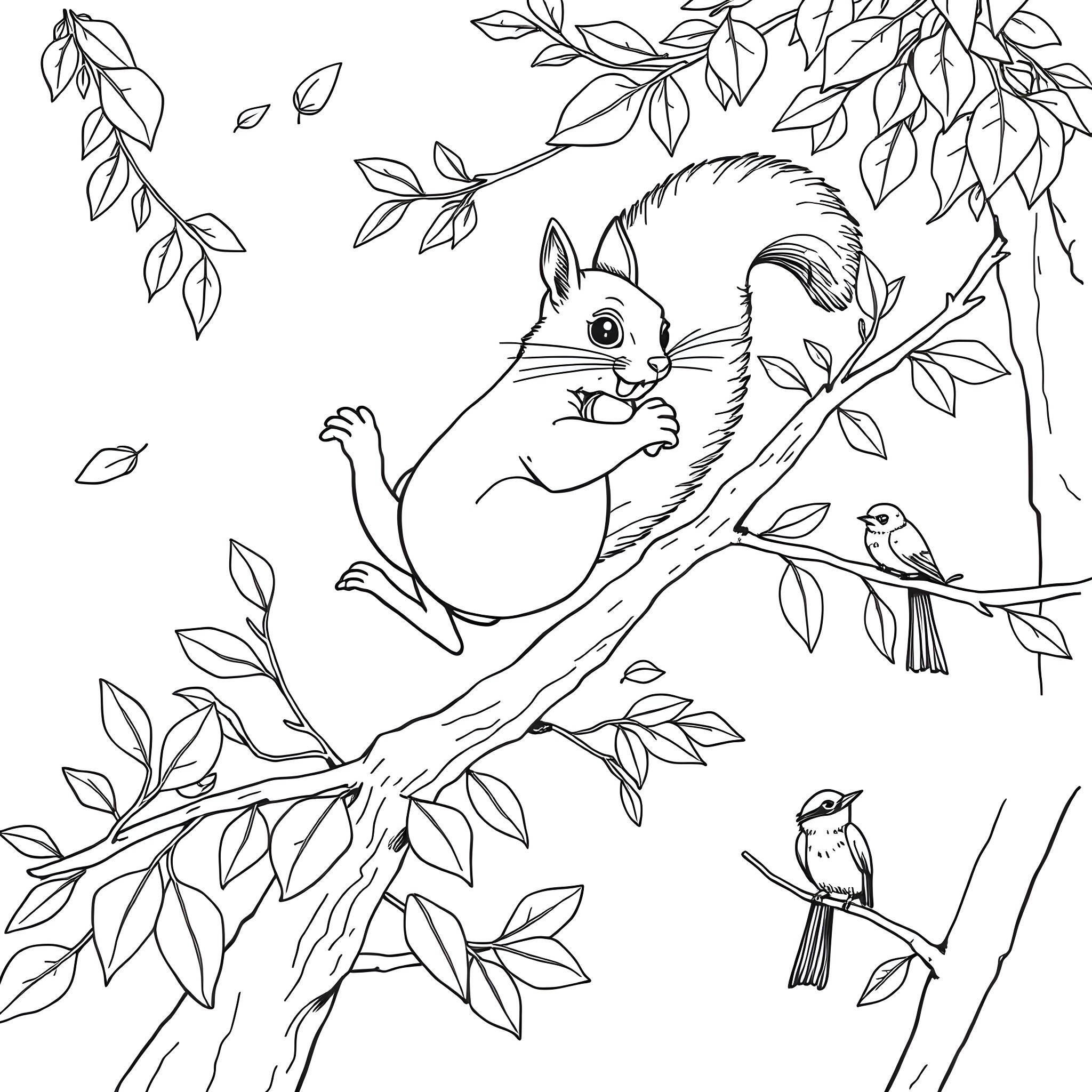 Squirrel playing in the leafy tree with birds Coloring Page (free black-and-white line drawing printable PDF for all, from beginners to advanced learners, including children, teens, adults, and seniors)