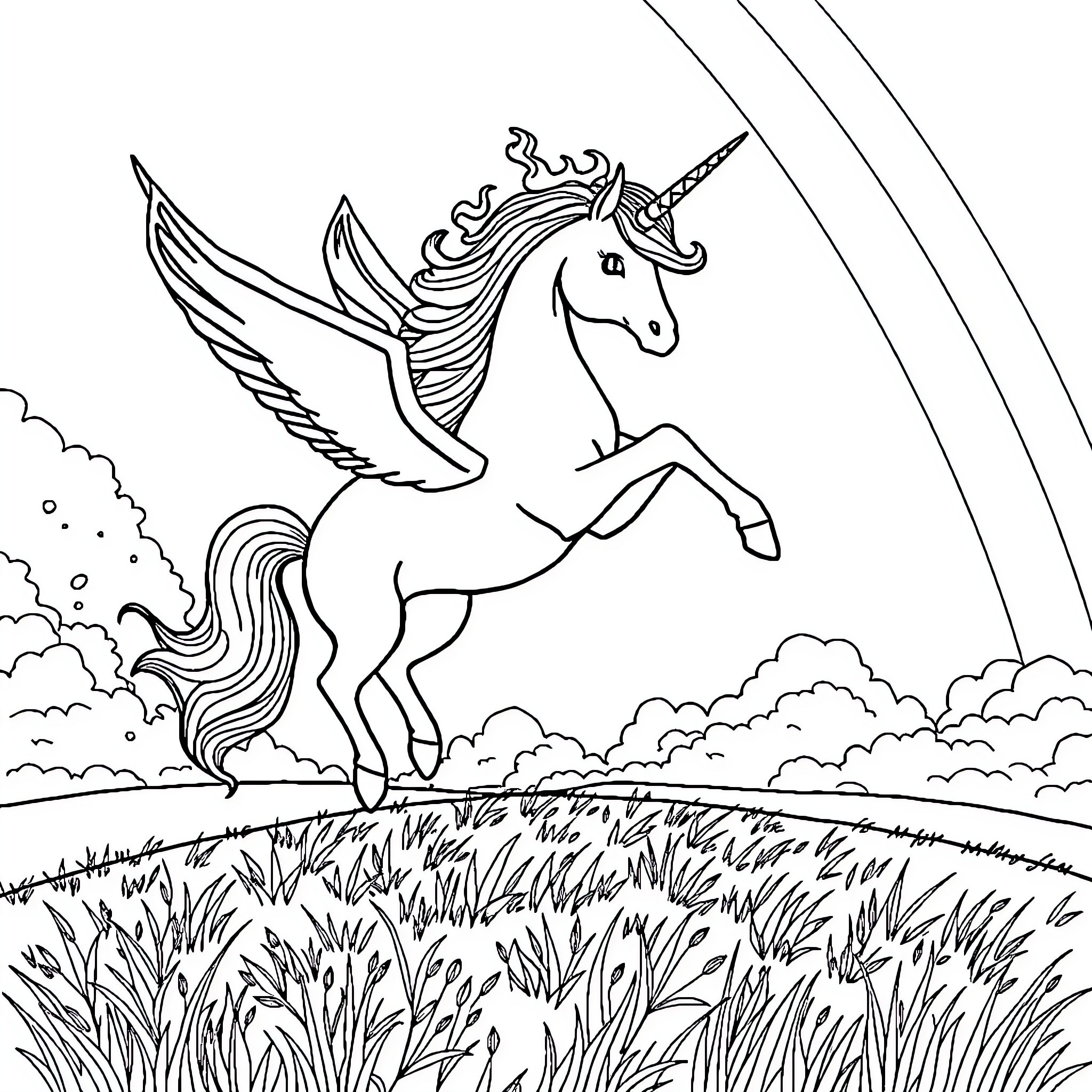 Unicorn soaring through magical meadow Coloring Page (free black-and-white line drawing printable PDF for all, from beginners to advanced learners, including children, teens, adults, and seniors)