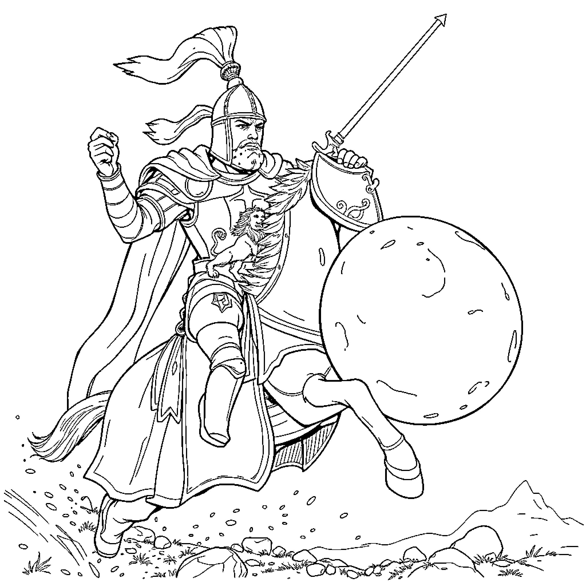 Chevalier Battles Adversary with Sword and Shield Coloring Page (free black-and-white line drawing printable PDF for all, from beginners to advanced learners, including children, teens, adults, and seniors)