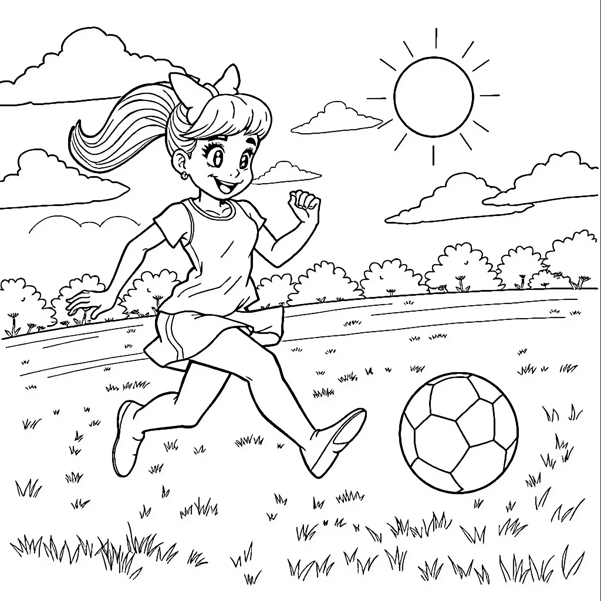 Jasmin playing with a soccer ball in the park Coloring Page (free black-and-white line drawing printable PDF for all, from beginners to advanced learners, including children, teens, adults, and seniors)