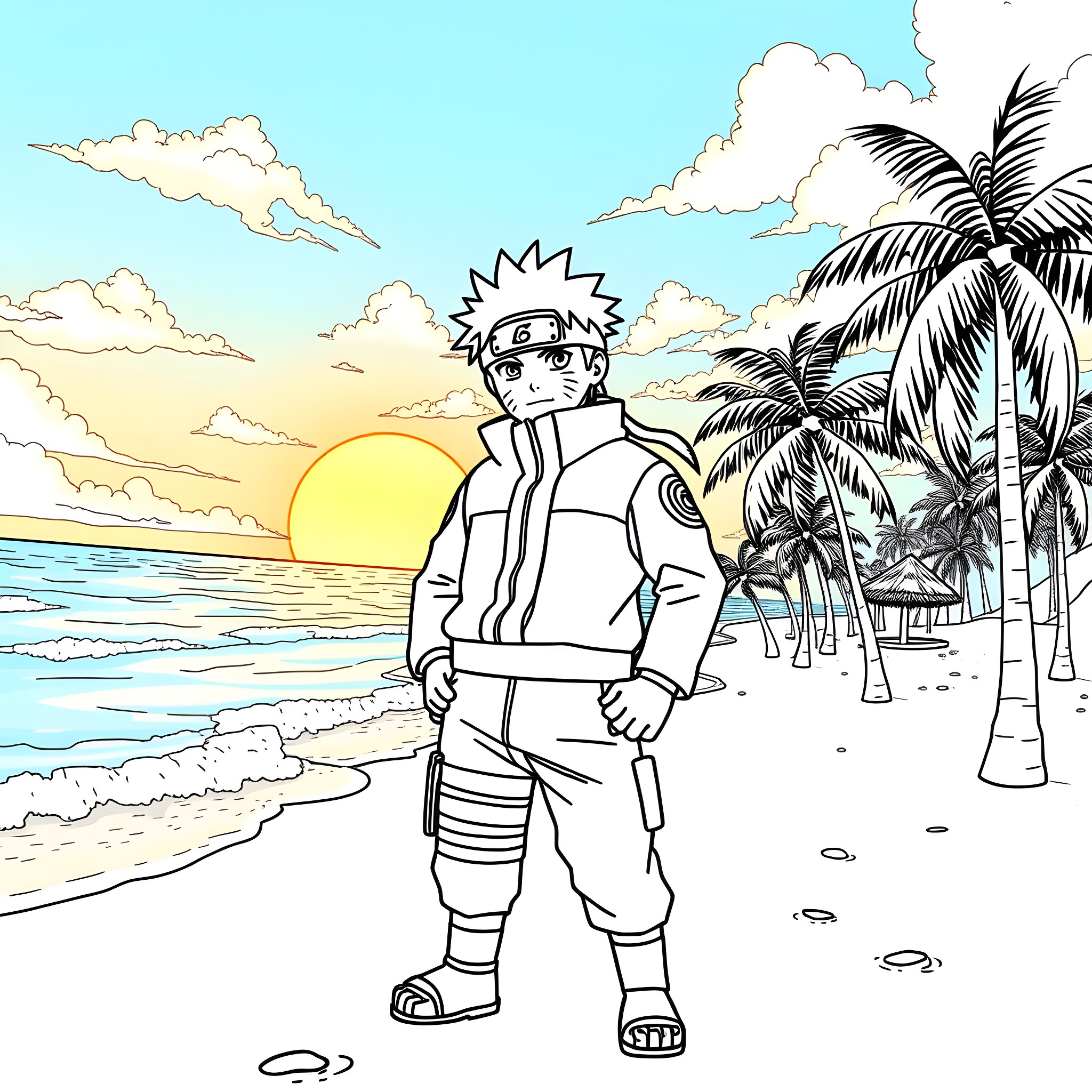 Naruto on a Tropical Beach Adventure Coloring Page (free black-and-white line drawing printable PDF for all, from beginners to advanced learners, including children, teens, adults, and seniors)