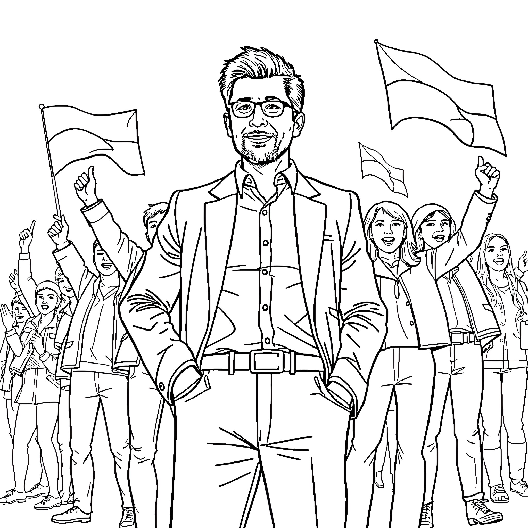 Keir Starmer addressing a crowd of supporters Coloring Page (free black-and-white line drawing printable PDF for all, from beginners to advanced learners, including children, teens, adults, and seniors)
