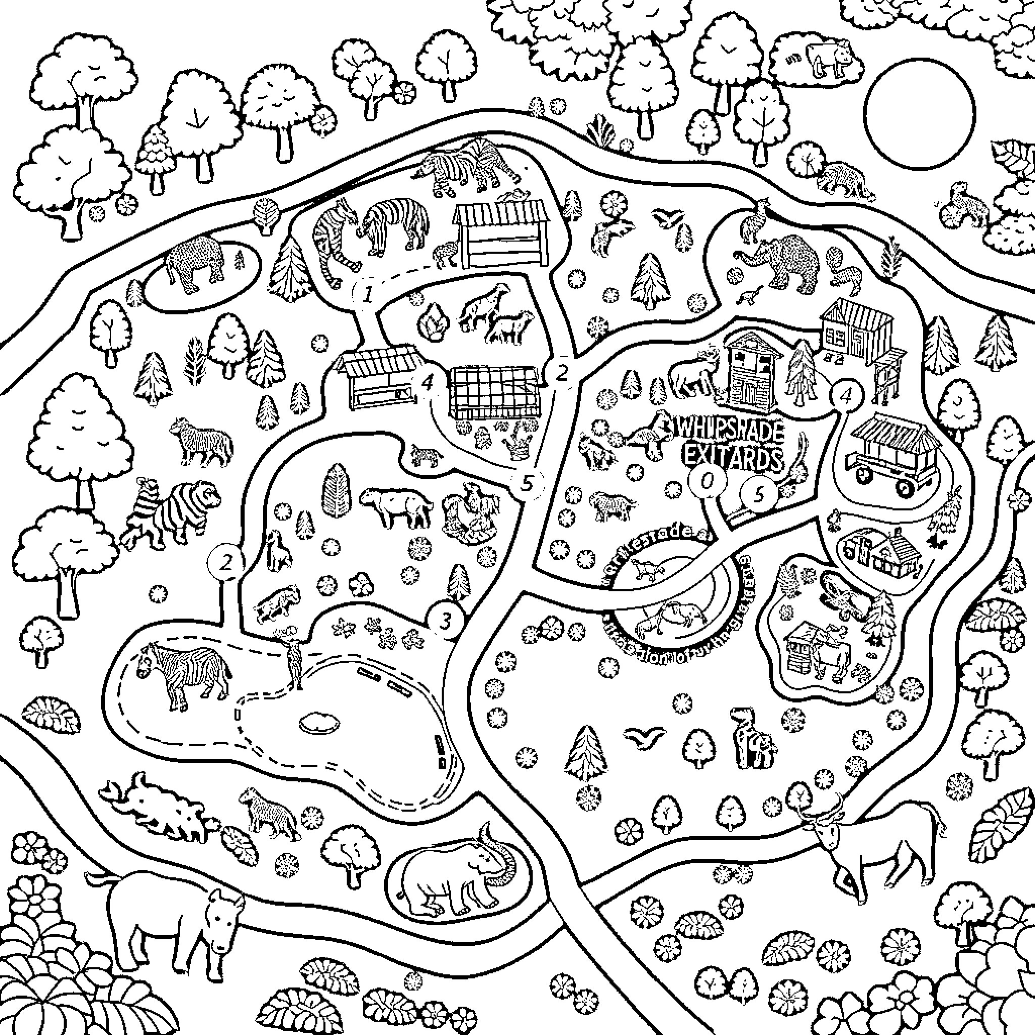 Zoo animals in a nature park Coloring Page (free black-and-white line drawing printable PDF for all, from beginners to advanced learners, including children, teens, adults, and seniors)