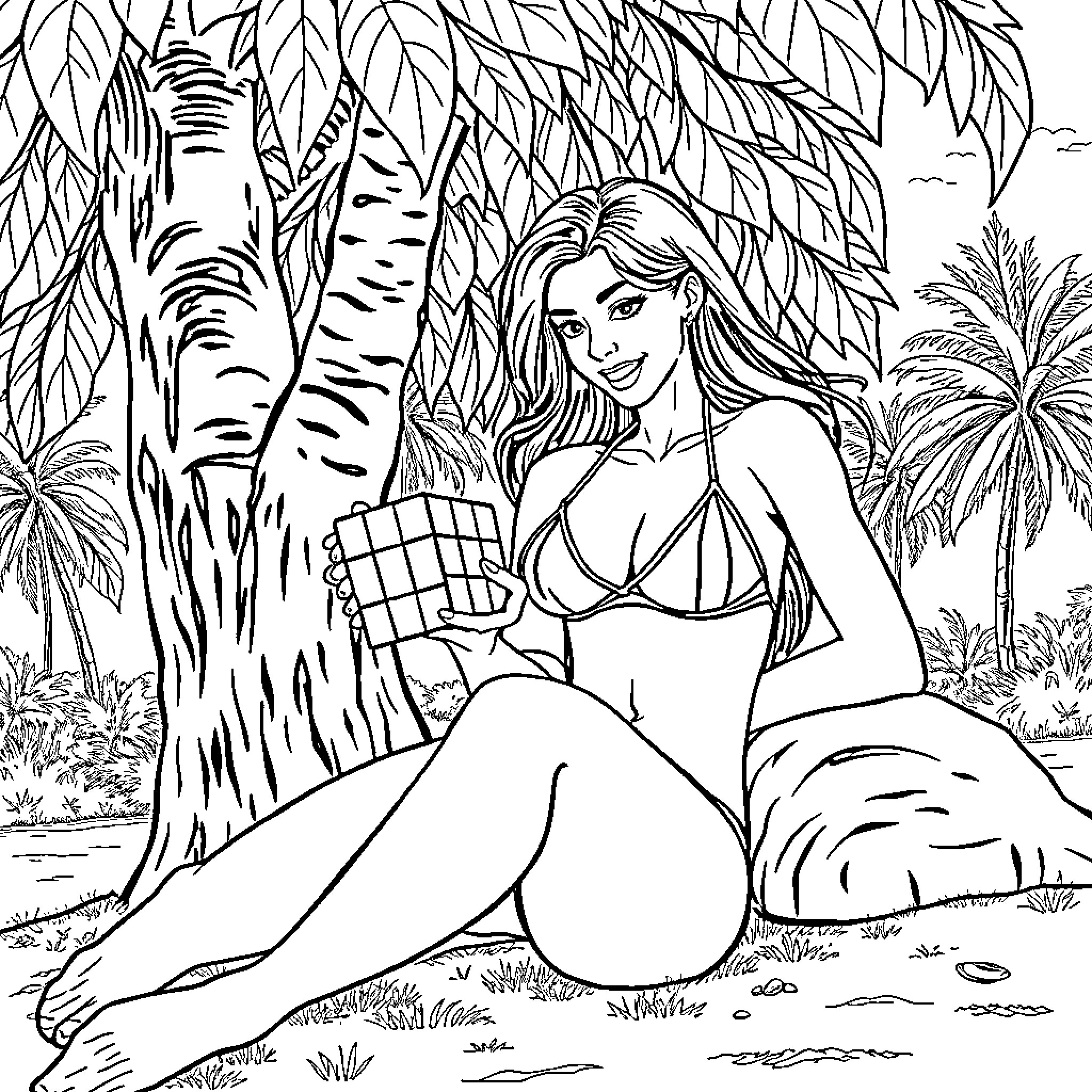 Model relaxing in tropical forest Coloring Page (free black-and-white line drawing printable PDF for all, from beginners to advanced learners, including children, teens, adults, and seniors)