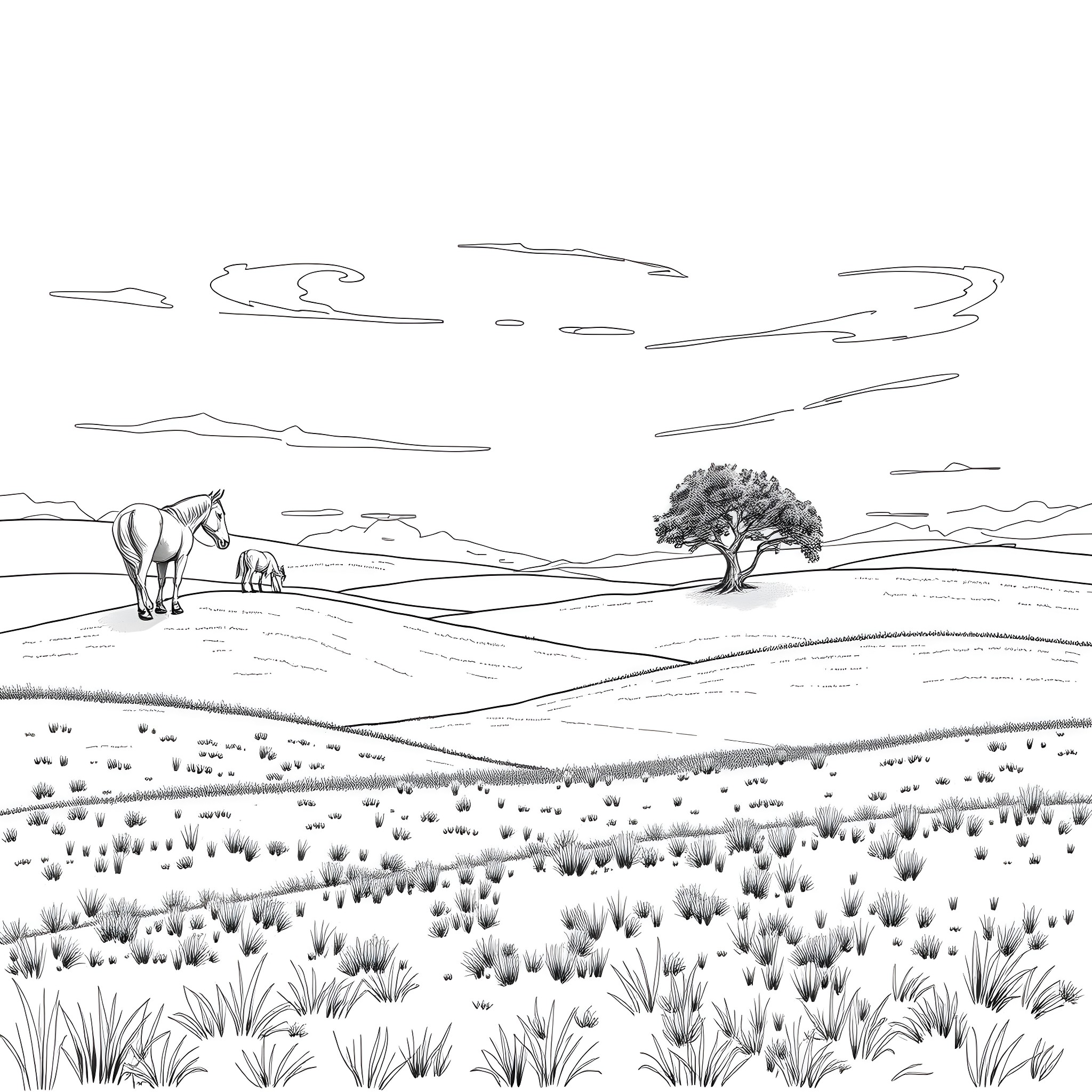 Horse grazing peacefully in the countryside landscape Coloring Page (free black-and-white line drawing printable PDF for all, from beginners to advanced learners, including children, teens, adults, and seniors)