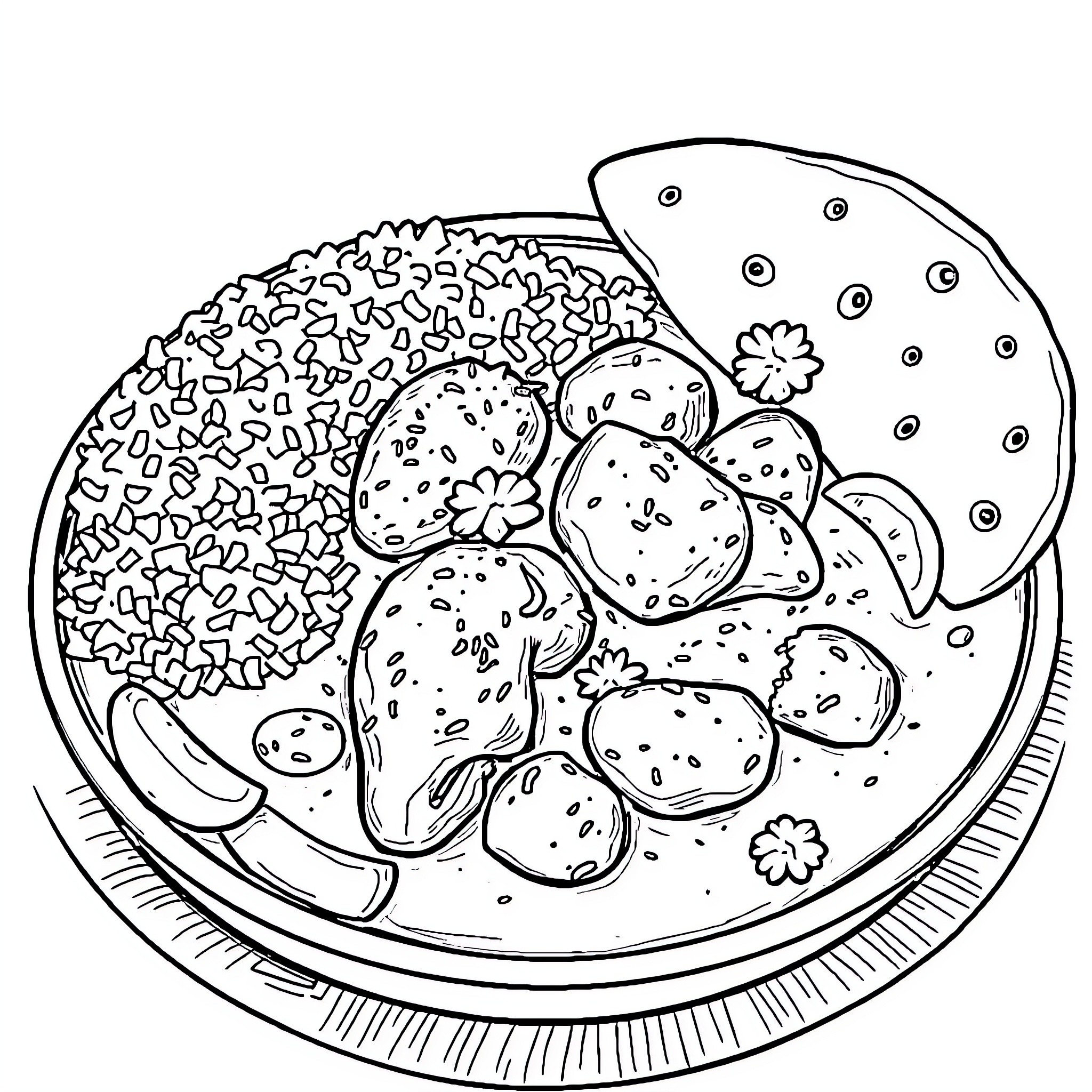 Chicken dish with vegetables and flowers Coloring Page (free black-and-white line drawing printable PDF for all, from beginners to advanced learners, including children, teens, adults, and seniors)