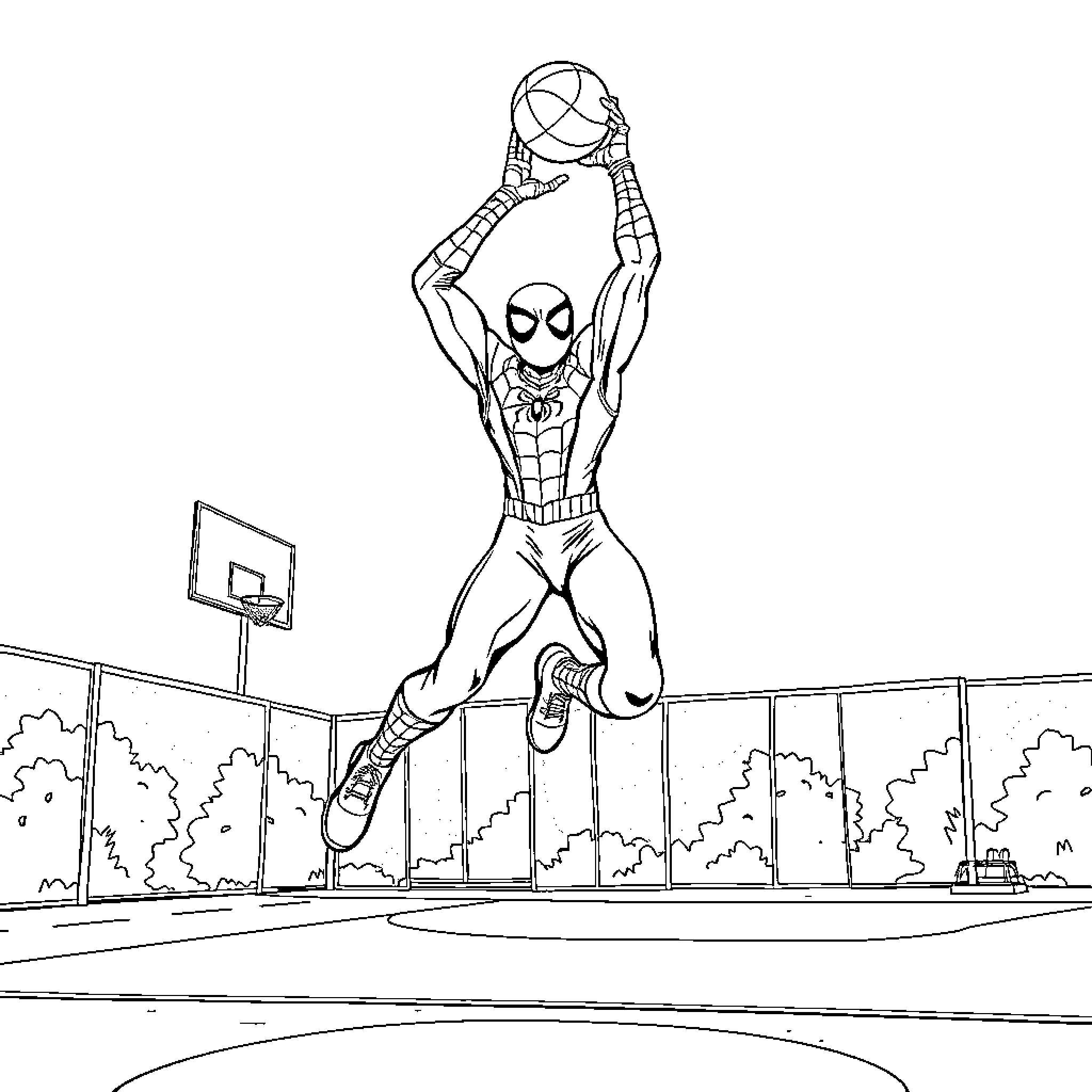 Spiderman leaping high for a basketball dunk Coloring Page (free black-and-white line drawing printable PDF for all, from beginners to advanced learners, including children, teens, adults, and seniors)