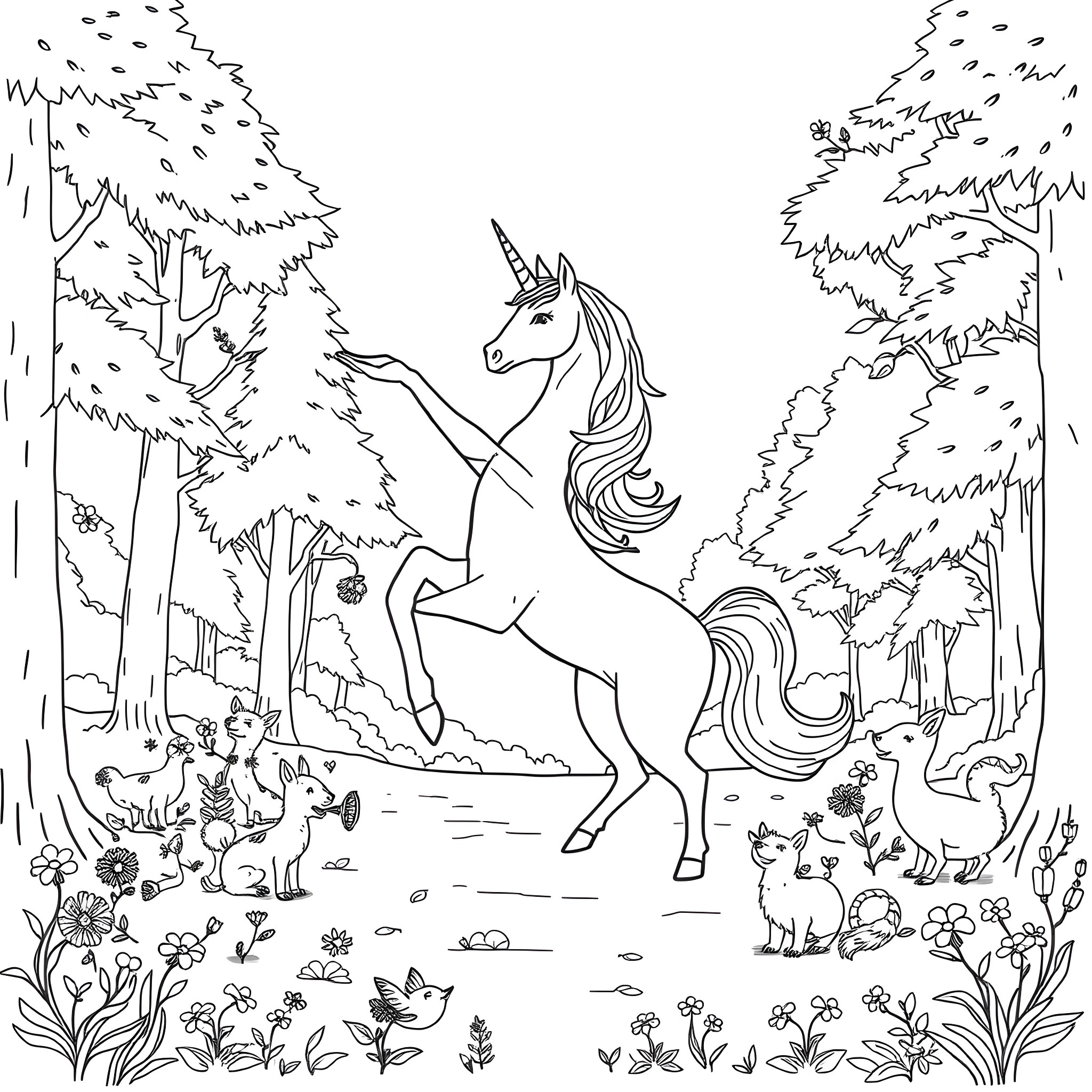 Unicorn frolicking in a magical forest Coloring Page (free black-and-white line drawing printable PDF for all, from beginners to advanced learners, including children, teens, adults, and seniors)