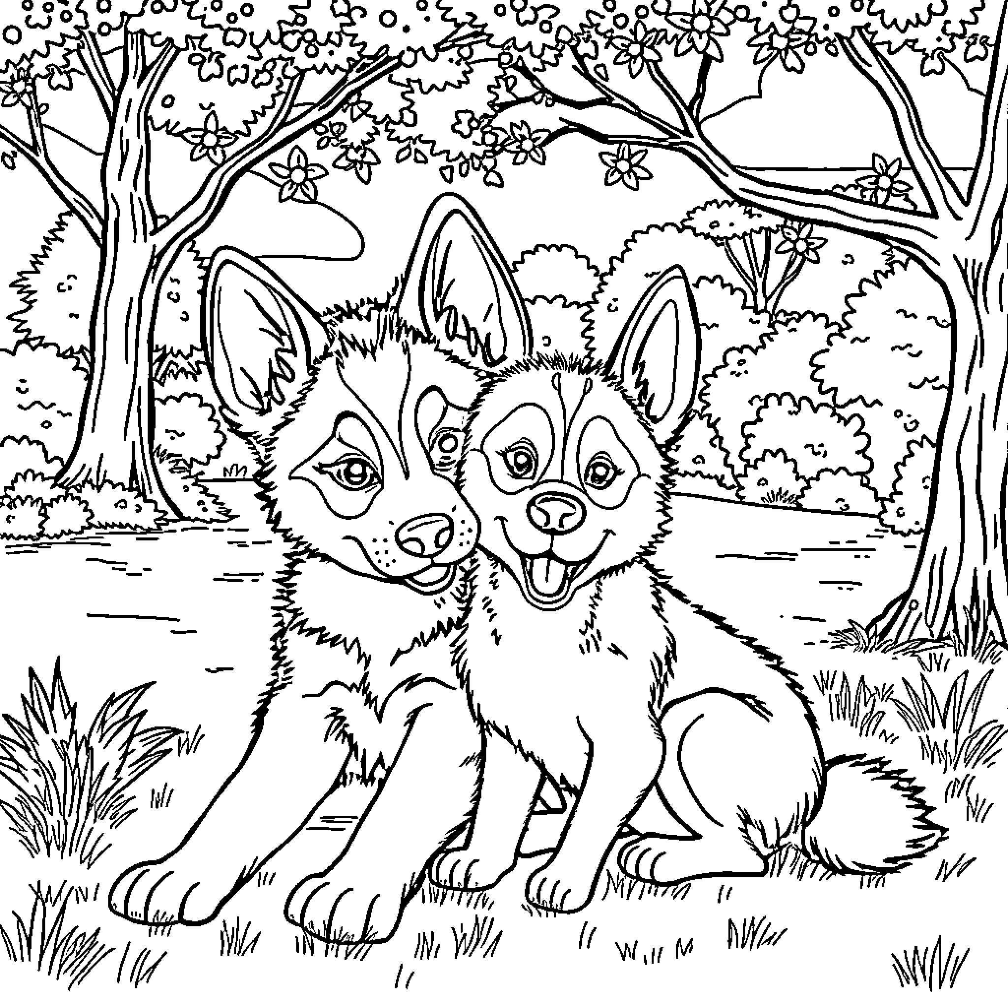Bluey playing happily in the forest Coloring Page (free black-and-white line drawing printable PDF for all, from beginners to advanced learners, including children, teens, adults, and seniors)